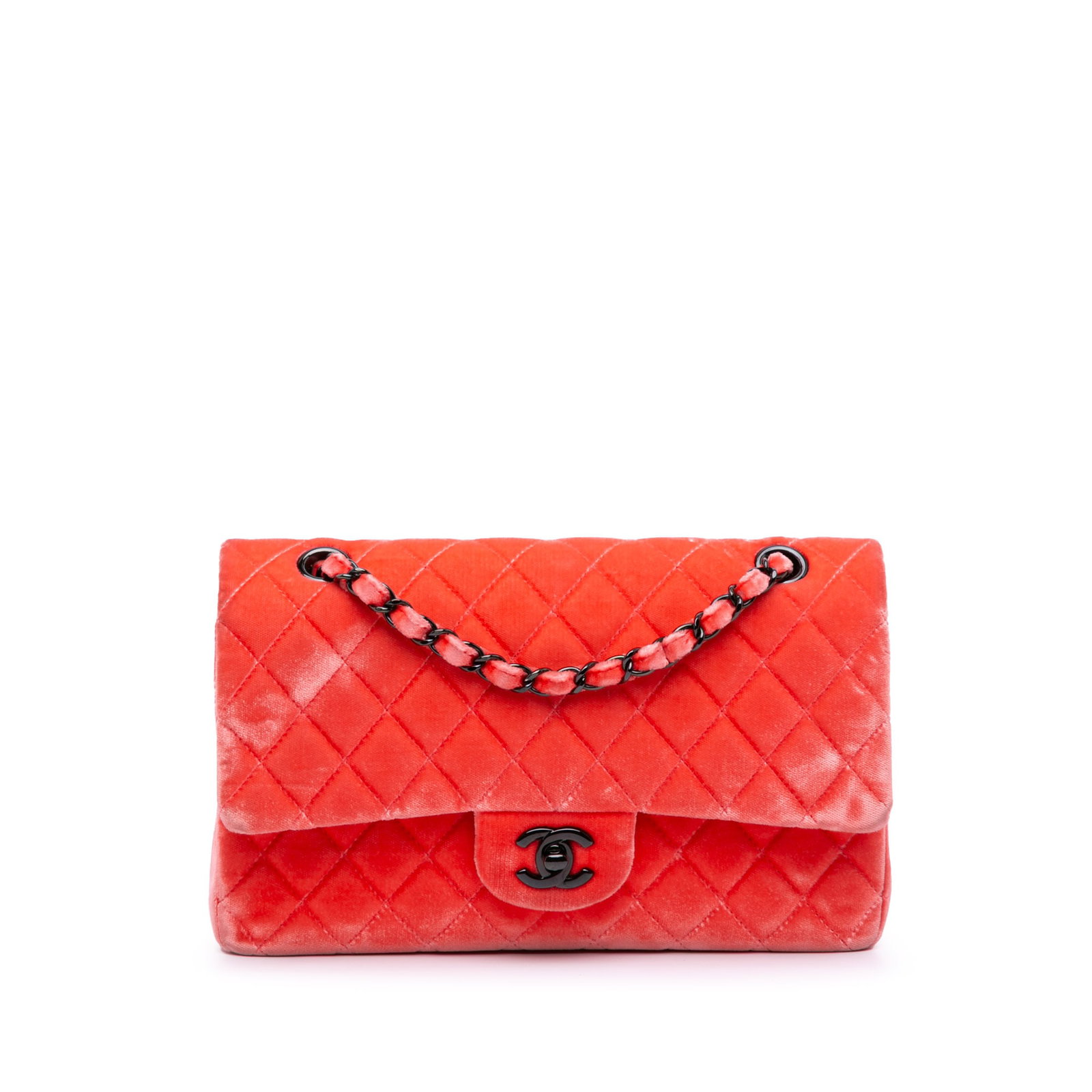 Chanel Medium Classic Velvet Double Flap Red Shoulder Bag: Chanel Medium Classic Velvet Double Flap Red Shoulder Bag This Chanel Medium Classic Velvet Double Flap shoulder bag is crafted from a luxurious quilted velvet fabric in a striking red color. It featu