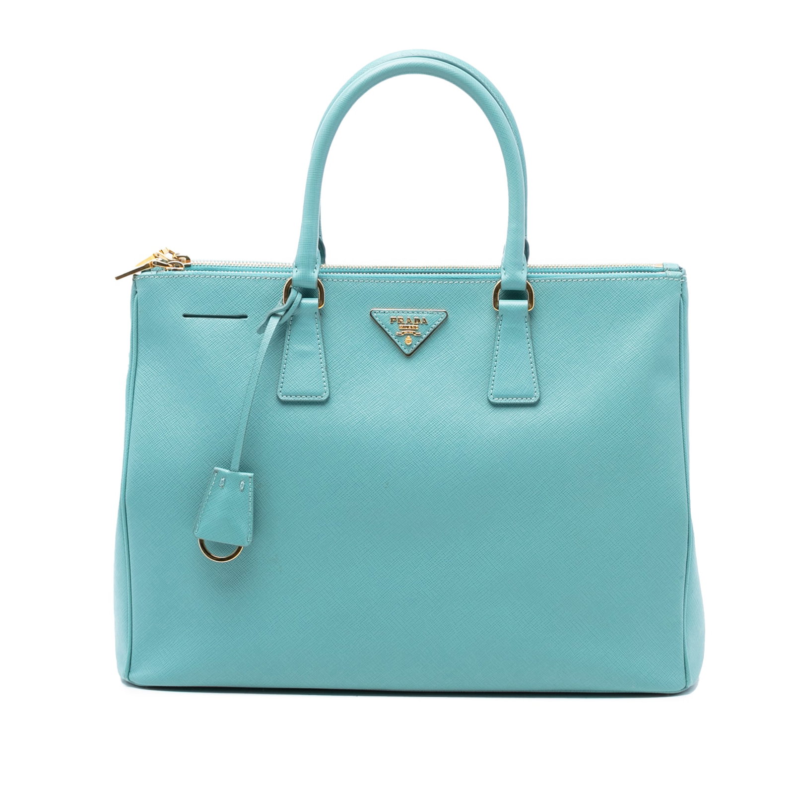 Prada Galleria Saffiano Leather Double Zip Large Satchel Bag Blue: Prada Galleria Saffiano Leather Double Zip Large Satchel Bag Blue This Prada Large Saffiano Lux Galleria Double Zip Satchel features a blue saffiano leather body, rolled leather handles, an open top, 