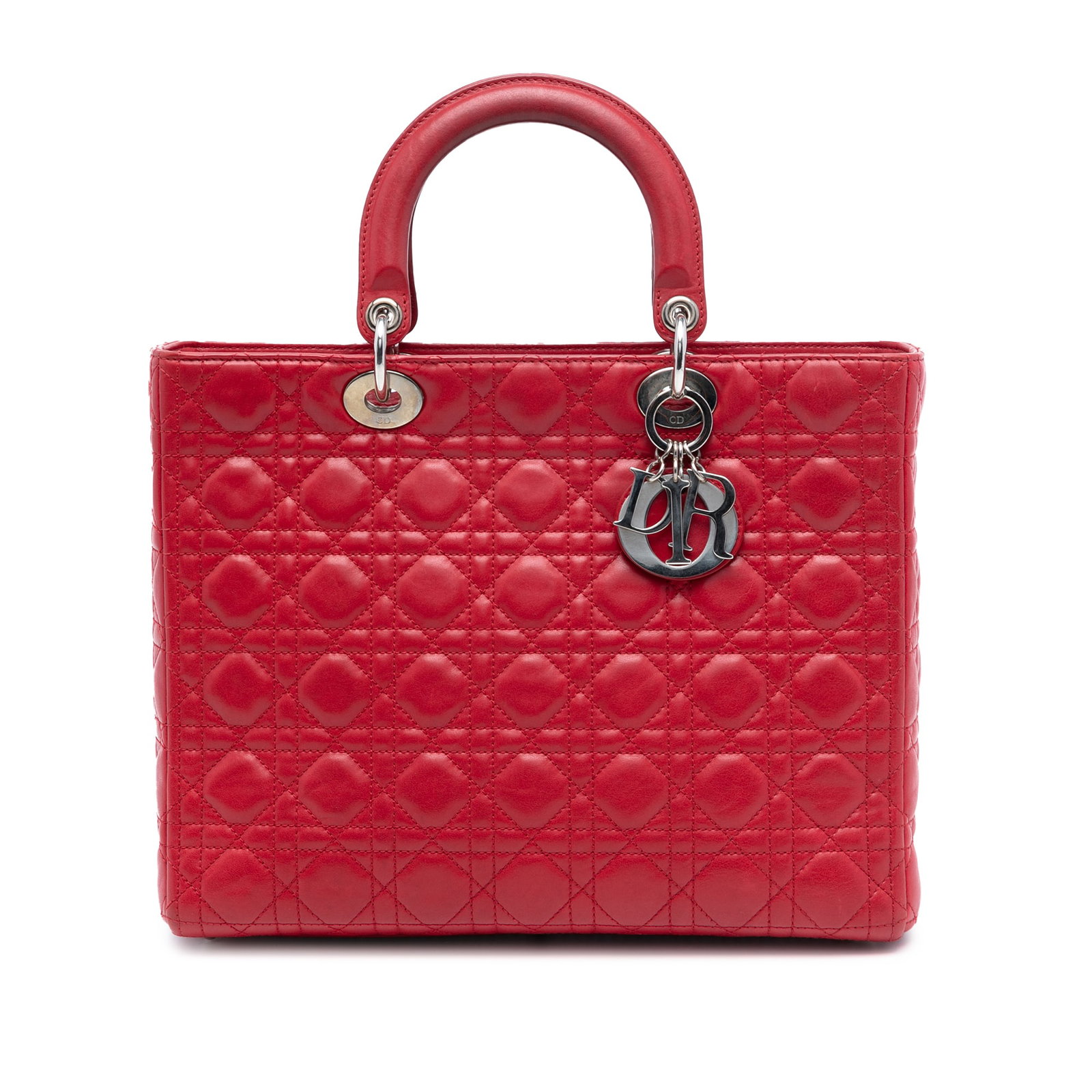 Dior Lady Dior Large Red Lambskin Cannage Tote Bag: Dior Lady Dior Large Red Lambskin Cannage Tote Bag This Lady Dior bag features a cannage-stitched leather body in red, rolled top handles, a top zip closure, and an interior zip pocket. The bag shows 