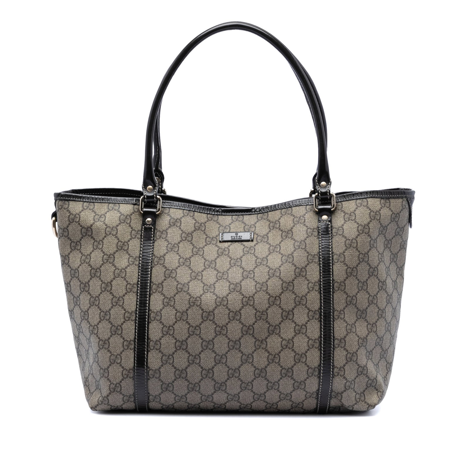 Medium GG Supreme Joy Tote Bag by Gucci in Beige Canvas: Medium GG Supreme Joy Tote Bag by Gucci in Beige Canvas This medium Gucci GG Supreme Joy Tote features a coated canvas body with leather trim, rolled leather handles, an open top with magnetic snap cl