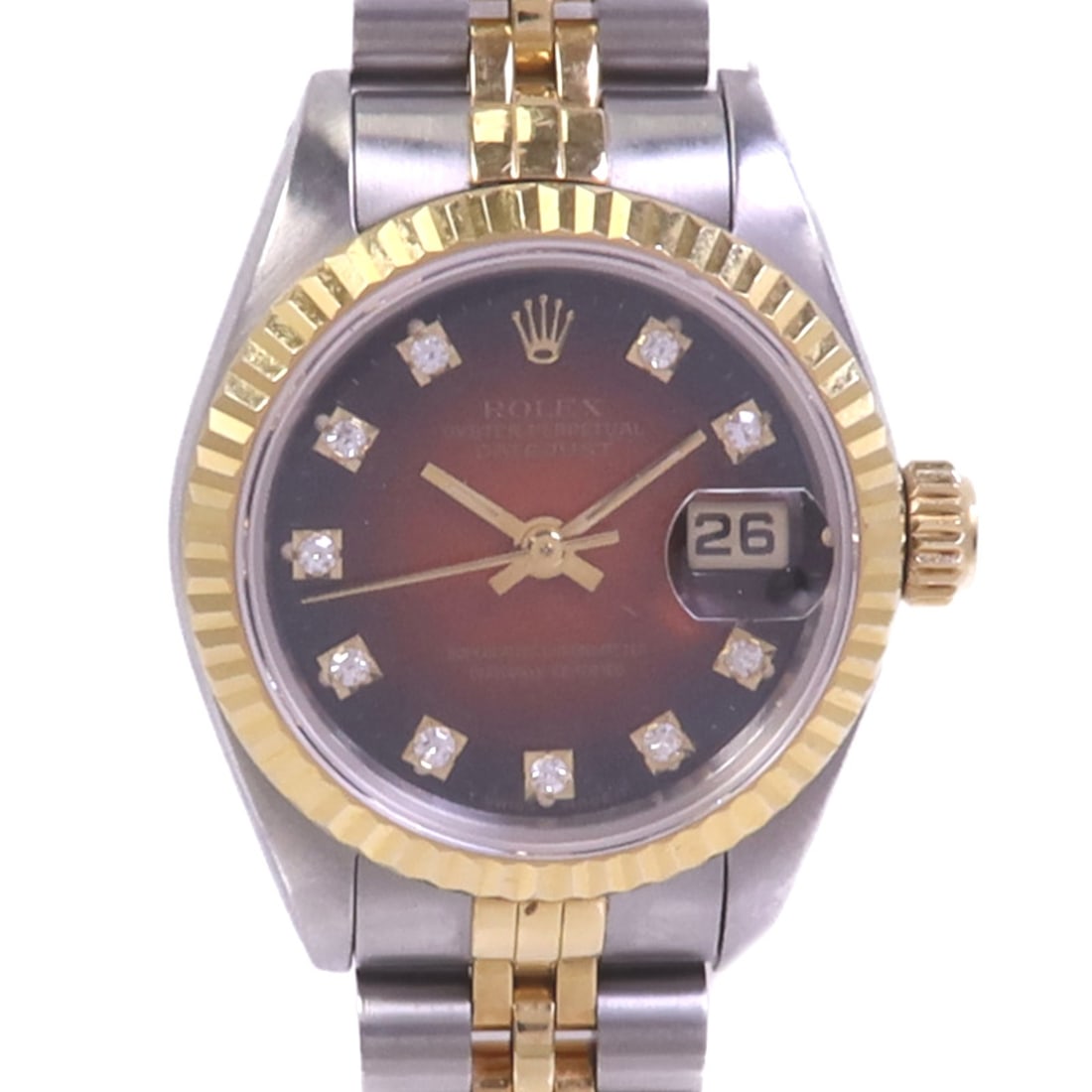 Women's Datejust Wristwatch Red Dial Stainless Steel and 18K Yellow Gold: Women's Datejust Wristwatch Red Dial Stainless Steel and 18K Yellow Gold This ROLEX Datejust automatic wristwatch features a striking red dial and frame, crafted from stainless steel with 18K yellow g