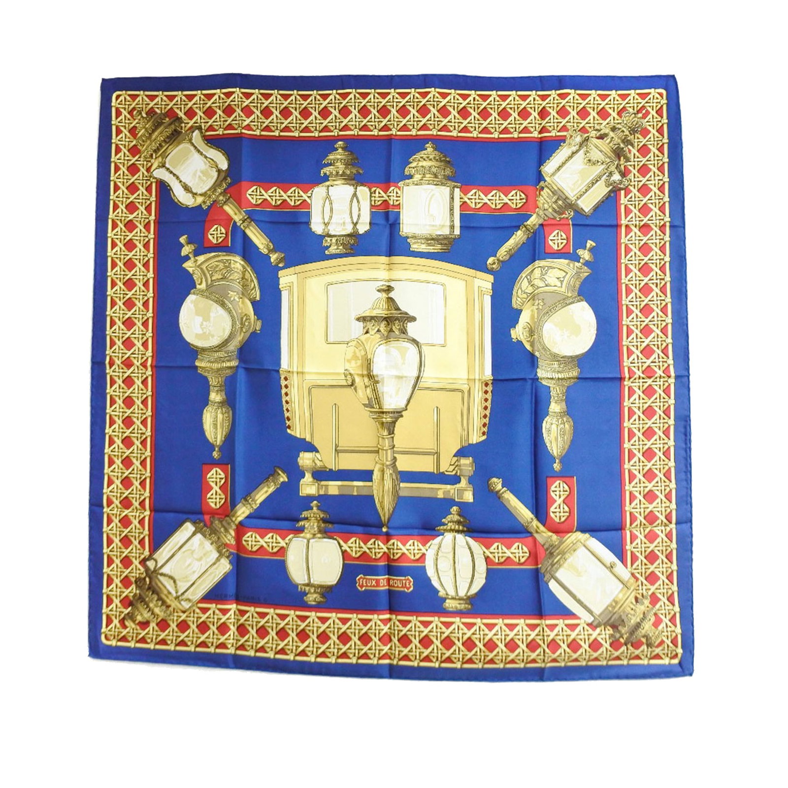 Feux de Route Blue Silk 90cm Scarf by Hermes: Feux de Route Blue Silk 90cm Scarf by Hermes This Hermes Feux de Route scarf showcases the iconic print on 100% silk in blue. A stylish accessory crafted in France, it offers a luxurious feel and eleg