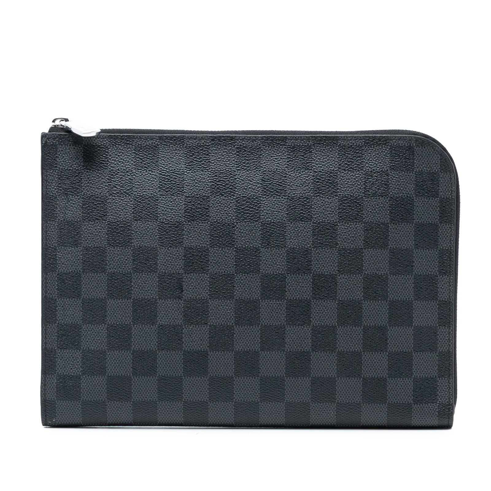 Louis Vuitton Damier Graphite Jour MM Canvas Clutch with Zip Closure: Louis Vuitton Damier Graphite Jour MM Canvas Clutch with Zip Closure This Louis Vuitton Damier Graphite Pochette Jour MM features the signature Damier canvas in black, complemented with silver-tone ha