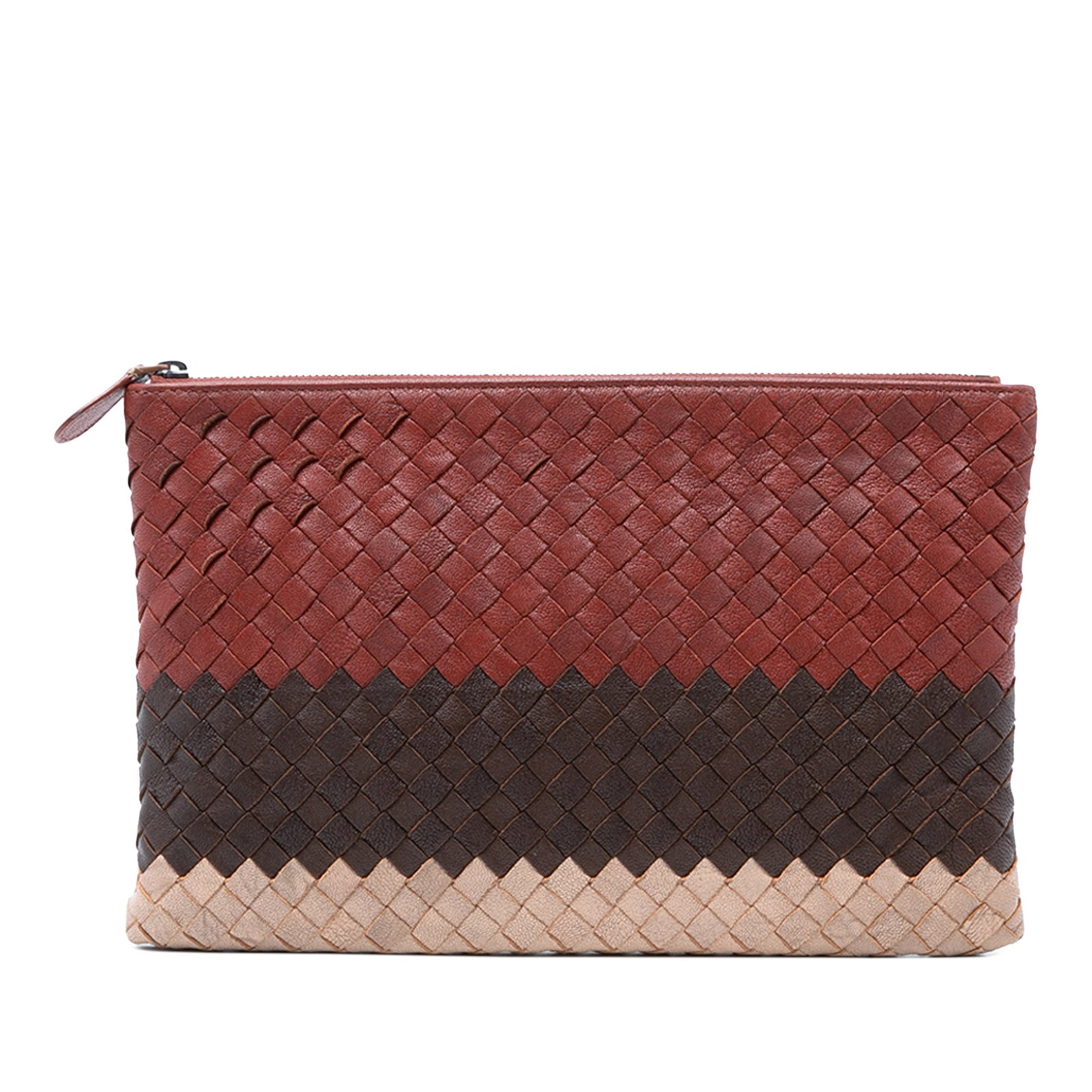 Tricolor Nappa Leather Woven Clutch by Bottega Veneta: Tricolor Nappa Leather Woven Clutch by Bottega Veneta This Bottega Veneta Tricolor Nappa Intrecciato Clutch features a woven nappa leather body in a tricolor design and a top zip closure. Made in Ital