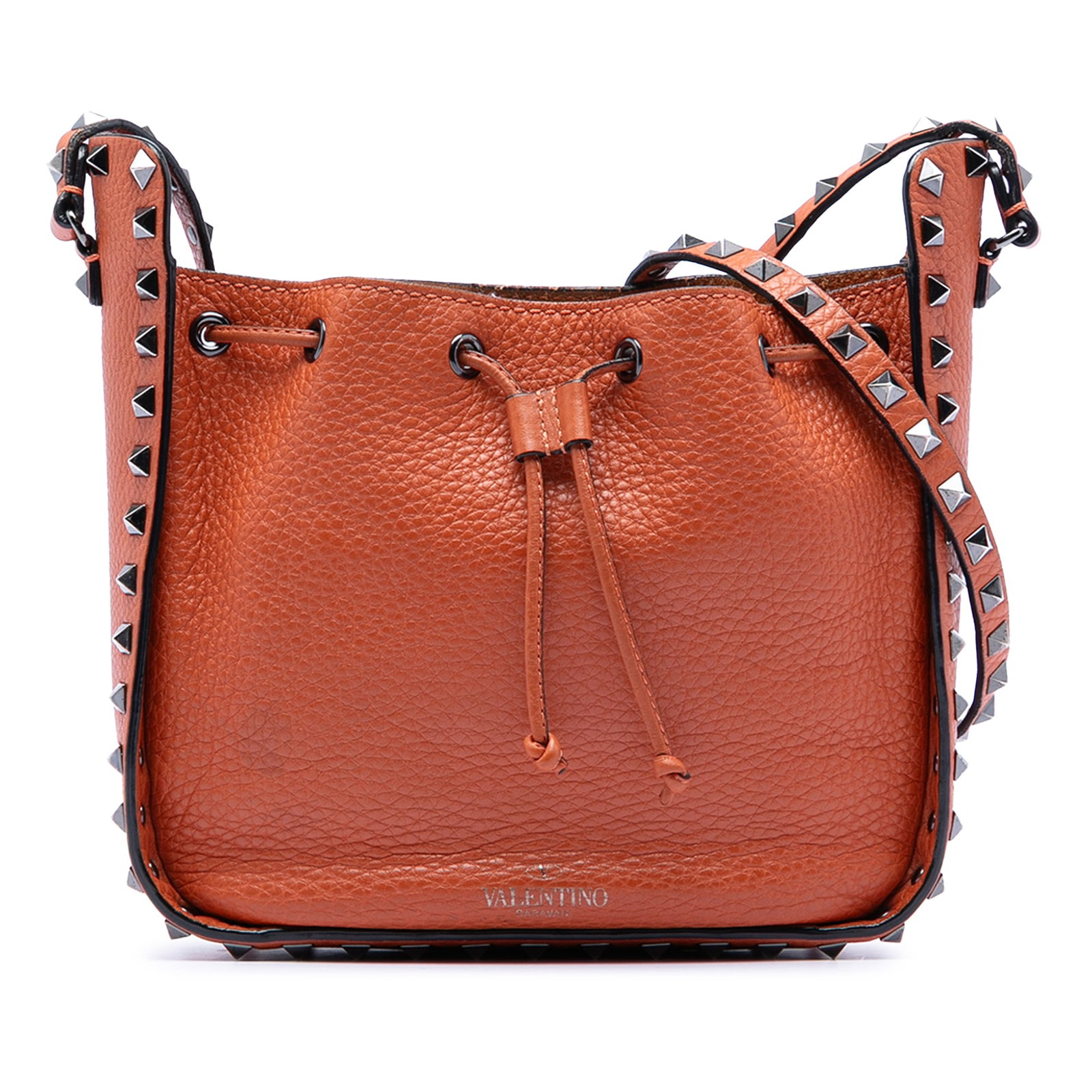 Valentino Rockstud Brown Leather Bucket Bag with Studded Strap: Valentino Rockstud Brown Leather Bucket Bag with Studded Strap This Valentino Grained Calfskin Rockstud Bucket Bag showcases a studded leather exterior and a studded flat leather strap. The design fea