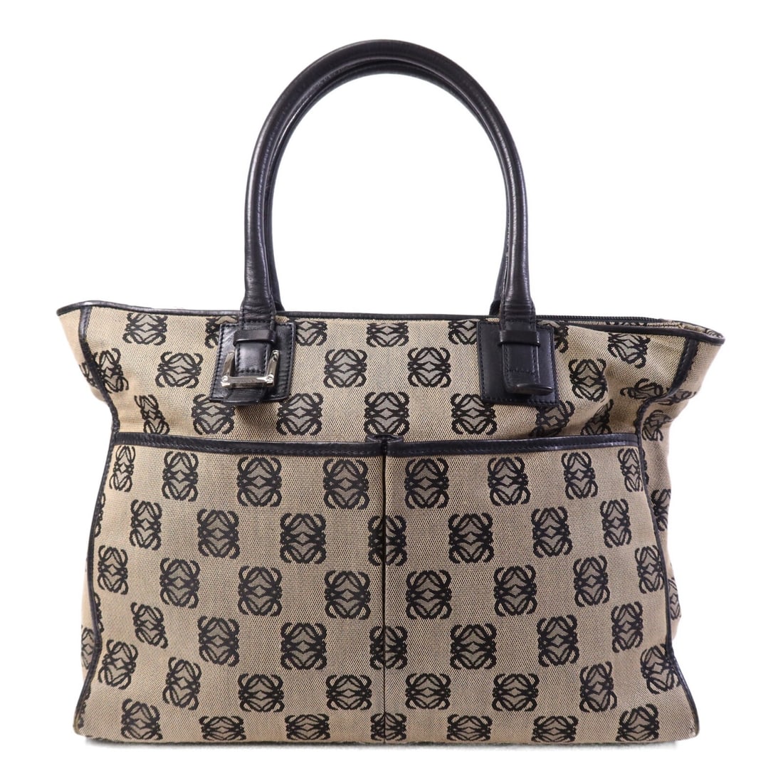 Loewe Brown Canvas Women's Handbag with Silver Hardware: Loewe Brown Canvas Women's Handbag with Silver Hardware This LOEWE handbag features a brown canvas exterior and is designed for women. It offers a regular size with a structured silhouette and showcas