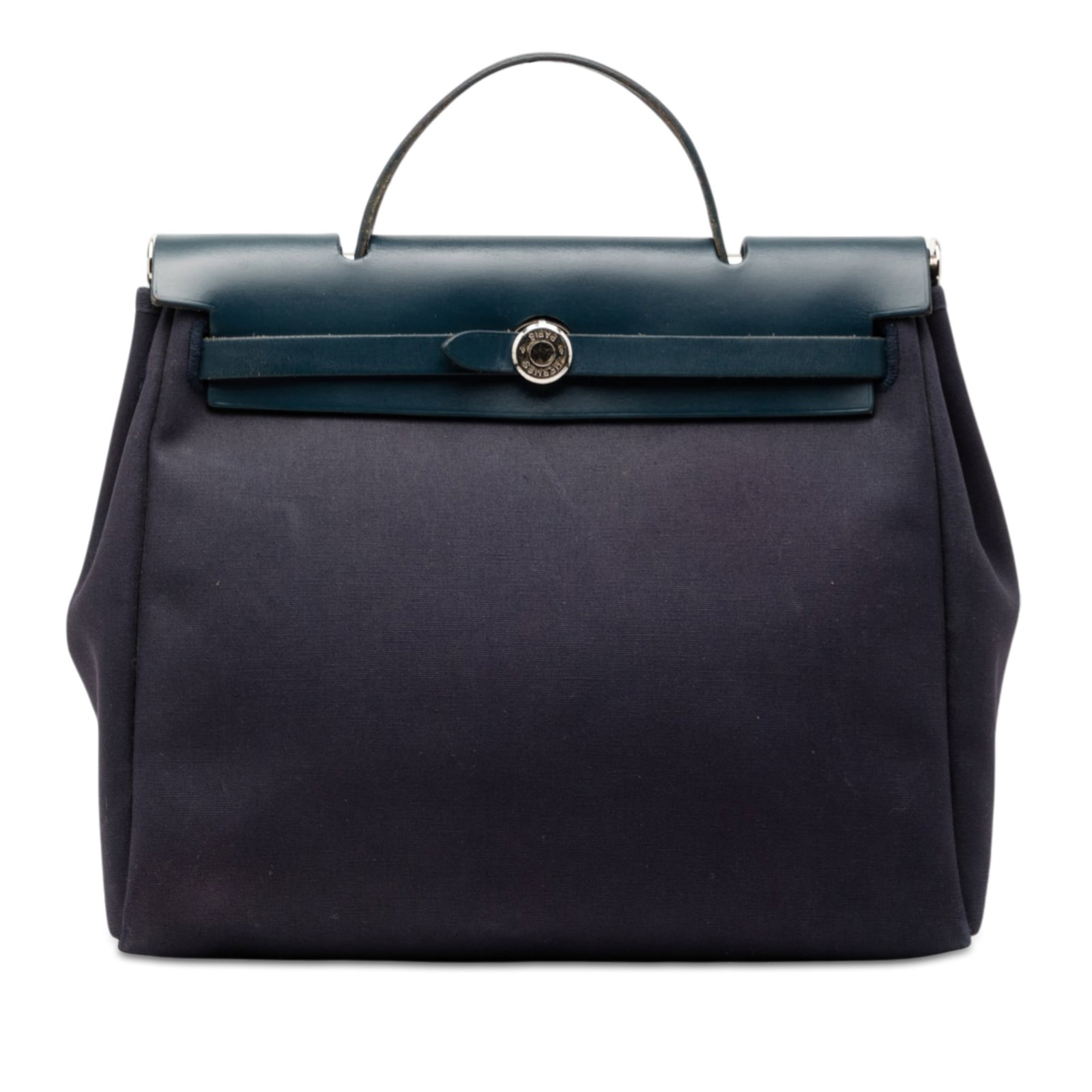 Herbag PM Blue Canvas and Leather Shoulder Bag by Hermes: Herbag PM Blue Canvas and Leather Shoulder Bag by Hermes The Hermes Toile Herbag PM features a blue canvas body with leather trim, a flat leather top handle, a flat leather shoulder strap, a front lea
