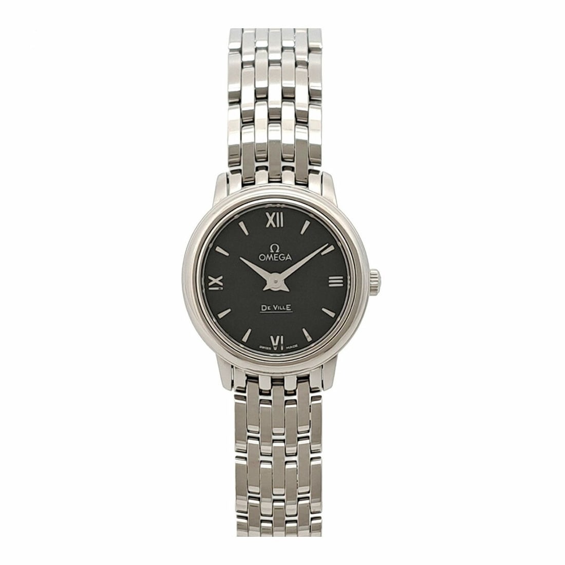 Omega De Ville Prestige Quartz Black Dial Ladies Watch Box: Omega De Ville Prestige Quartz Black Dial Ladies Watch Box This Omega De Ville Prestige wristwatch is designed for women and features a stainless steel case and band with a sleek black dial. The watch