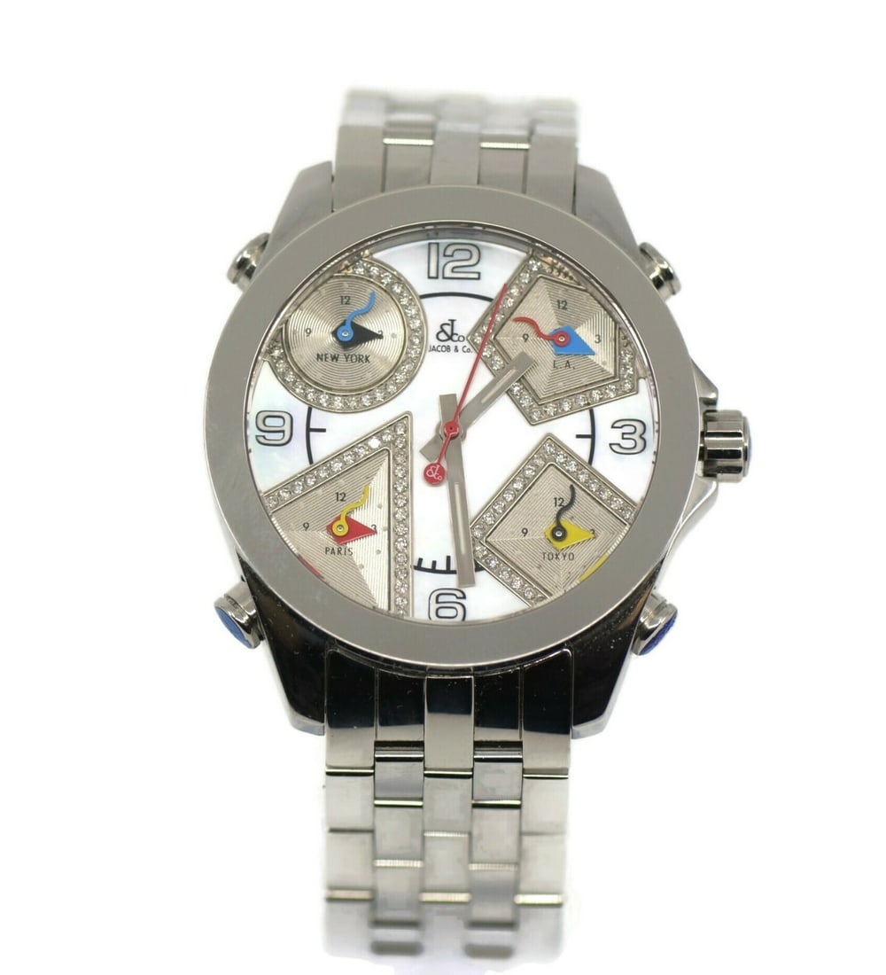 Jacob & Co Five Time Zone Diamond Watch JCM-14DA Stainless Steel 40mm Authentic: Jacob & Co Five Time Zone Diamond Watch JCM-14DA Stainless Steel 40mm Authentic Experience the luxury of the Jacob & Co. Five Time Zone watch, a stunning timepiece crafted from high-quality stainless 
