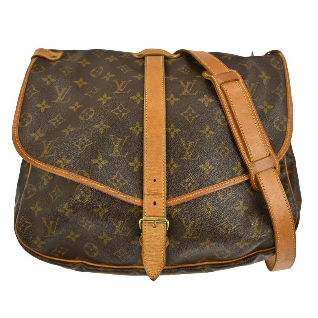 Louis Vuitton Saumur 35 Monogram Canvas Shoulder Bag M42254 Brown: Louis Vuitton Saumur 35 Monogram Canvas Shoulder Bag M42254 Brown This Louis Vuitton Saumur 35 shoulder bag features the iconic monogram canvas with leather trim. Designed with a buckle closure and a 