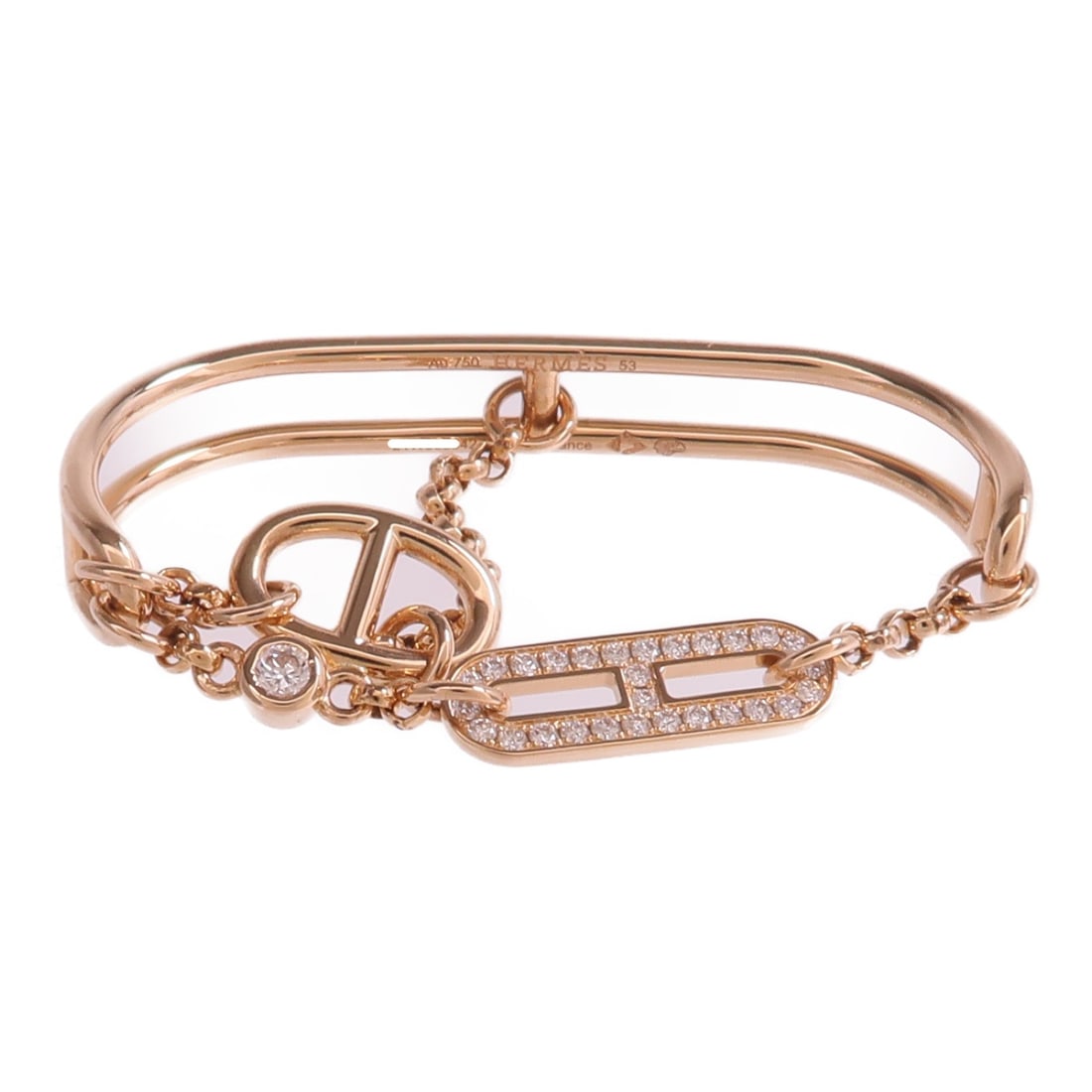 Hermes Diamond Double Ring 18K Rose Gold Size 8.75-9.75: Hermes Diamond Double Ring 18K Rose Gold Size 8.75-9.75 This HERMES Chaine D'ancre Chaos Double Ring is crafted from 18K rose gold and features diamond accents. Designed for women, it offers a distinc