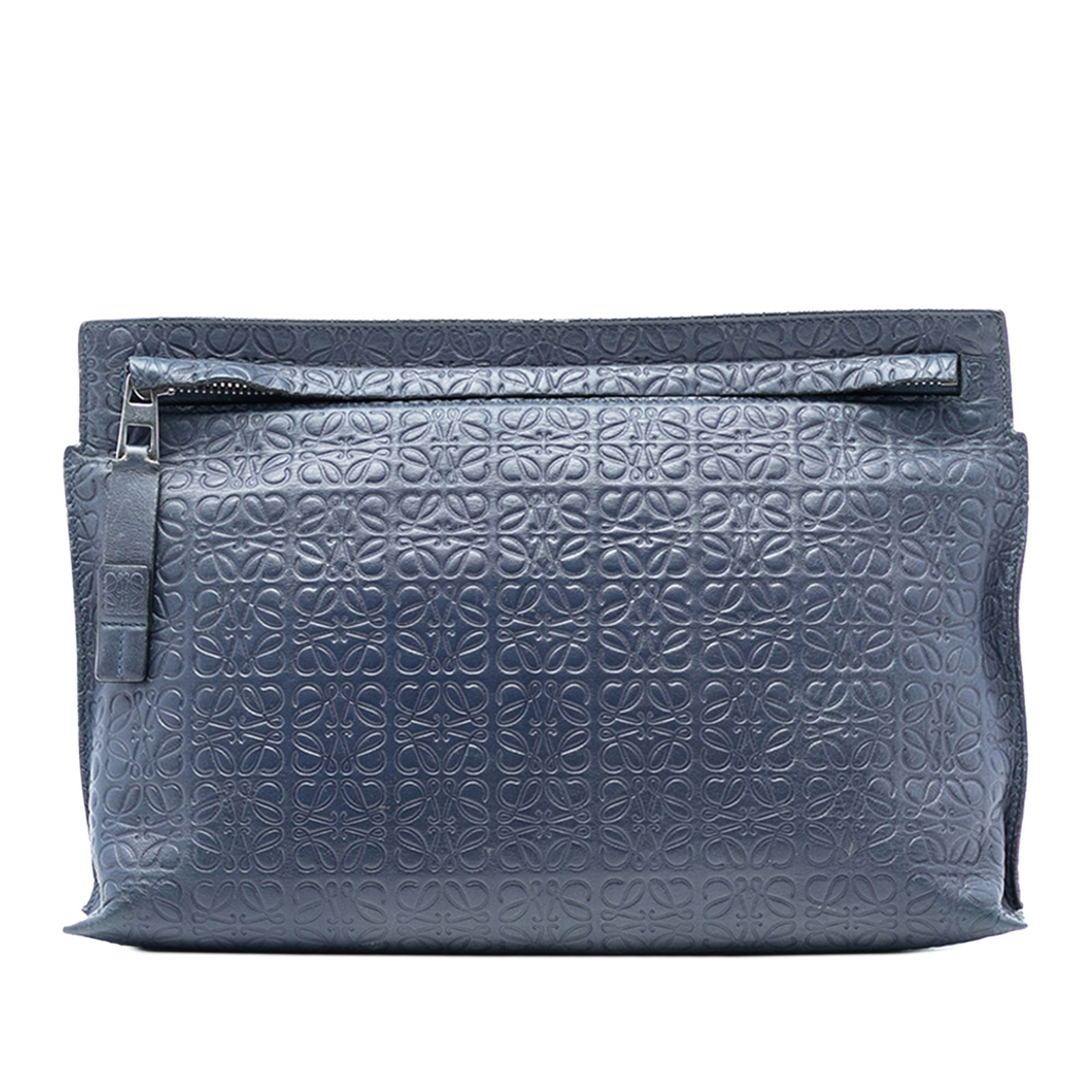 Loewe Blue Leather Clutch with Embossed Anagram Design: Loewe Blue Leather Clutch with Embossed Anagram Design This clutch bag features an embossed leather exterior with the signature Anagram design, a front zip closure, and an interior slip pocket. The ba