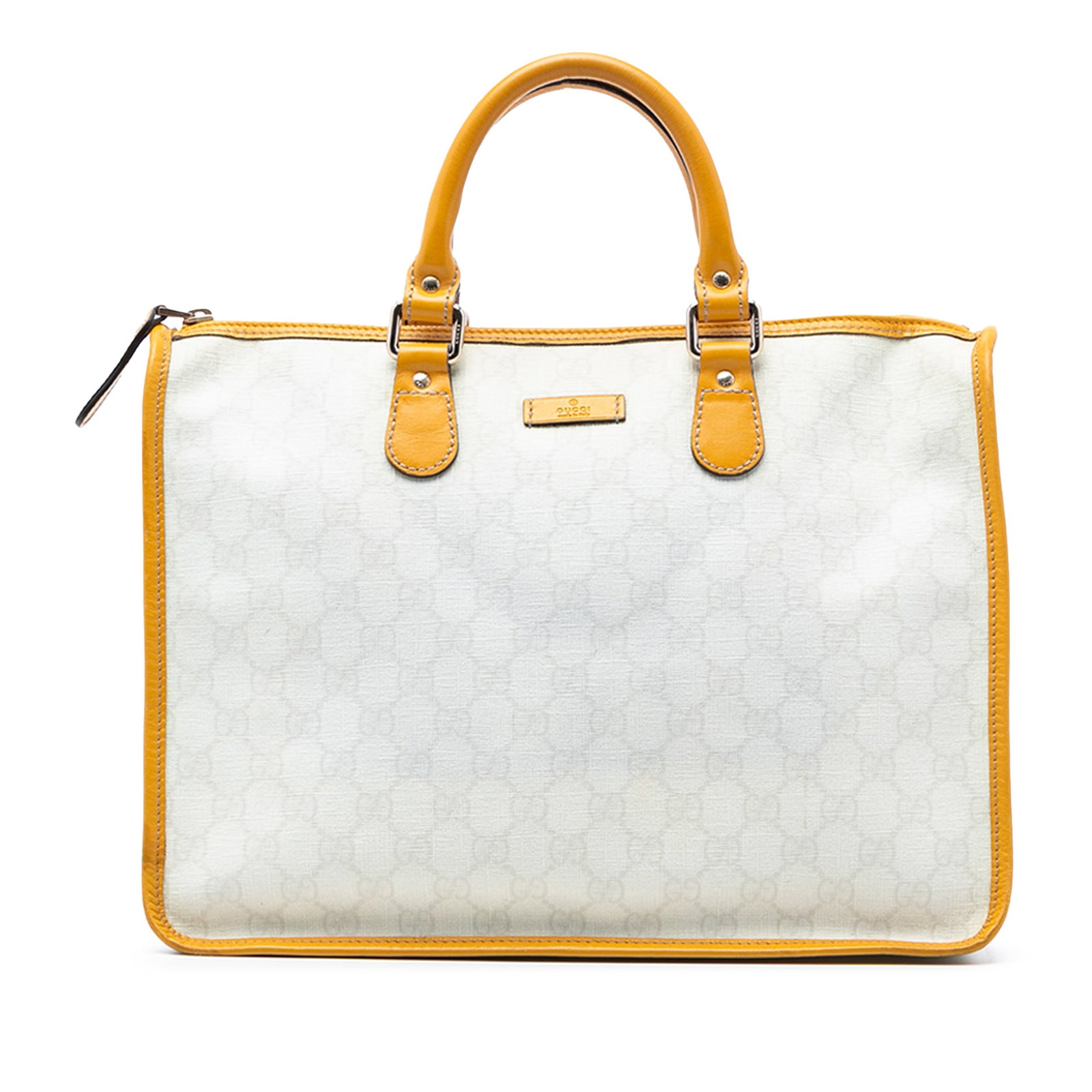 Gucci GG Supreme White Canvas Satchel with Leather Trim: Gucci GG Supreme White Canvas Satchel with Leather Trim This Gucci GG Supreme Satchel features a coated canvas body with leather trim, rolled leather handles, a top zip closure, and an interior zip po