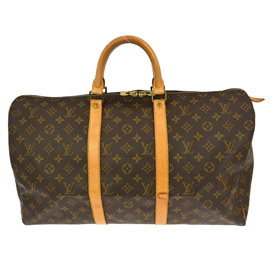 Keepall Travel Duffel in Monogram Canvas by Louis Vuitton: Keepall Travel Duffel in Monogram Canvas by Louis Vuitton This Louis Vuitton Keepall Bag features the iconic Monogram canvas in brown and is designed for unisex use. The bag shows signs of use, includ
