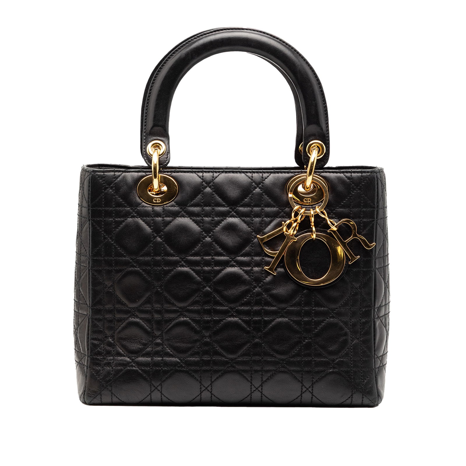 Dior Lady Dior Medium Quilted Black Lambskin Handbag with Top Handles: Dior Lady Dior Medium Quilted Black Lambskin Handbag with Top Handles This Lady Dior handbag showcases a quilted lambskin leather exterior in black, complemented by flat leather top handles. The bag f