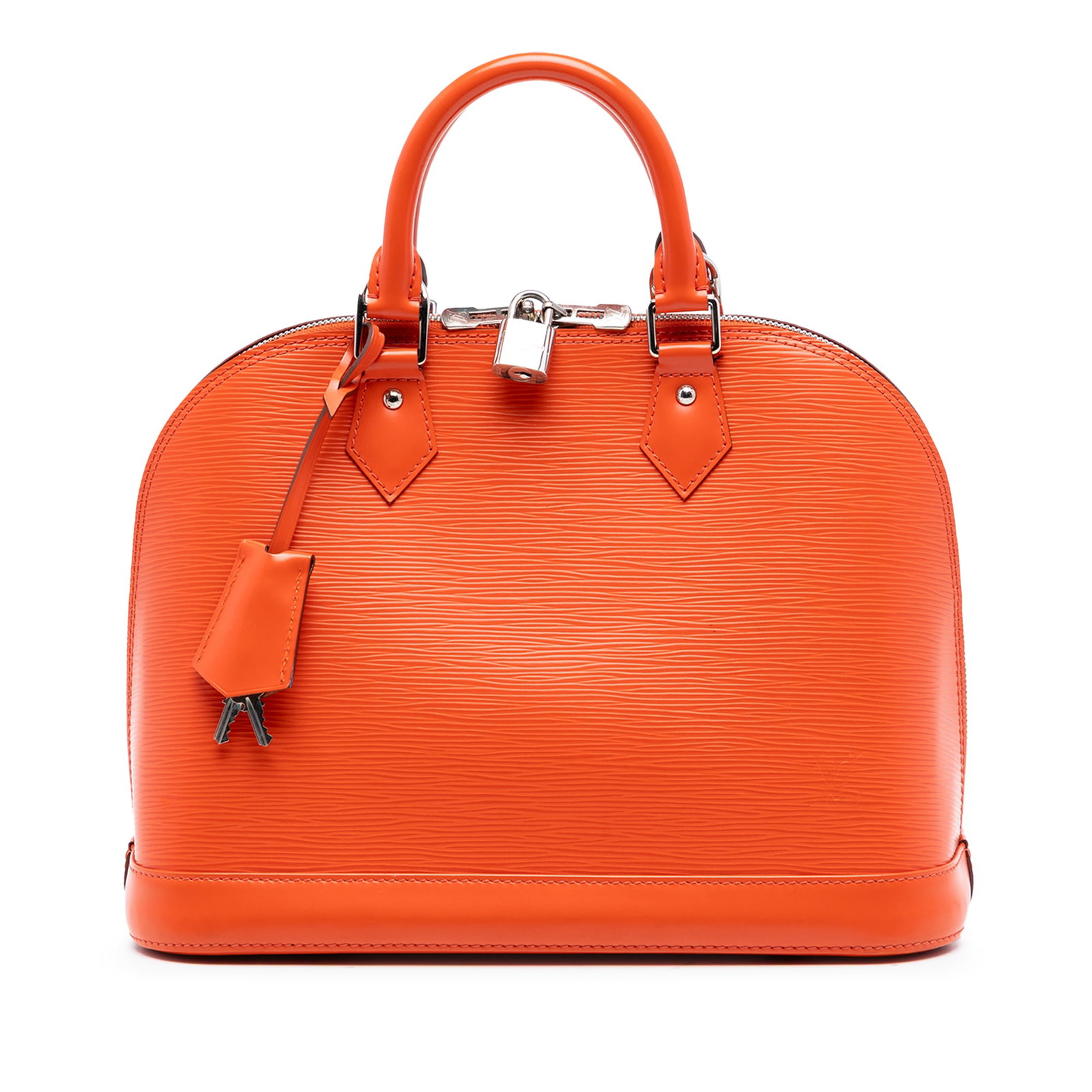 Louis Vuitton Epi Leather Alma PM Orange Handbag France: Louis Vuitton Epi Leather Alma PM Orange Handbag France This Louis Vuitton Epi Alma PM features a structured epi leather body in orange, with rolled leather handles and a top zip closure. The interior