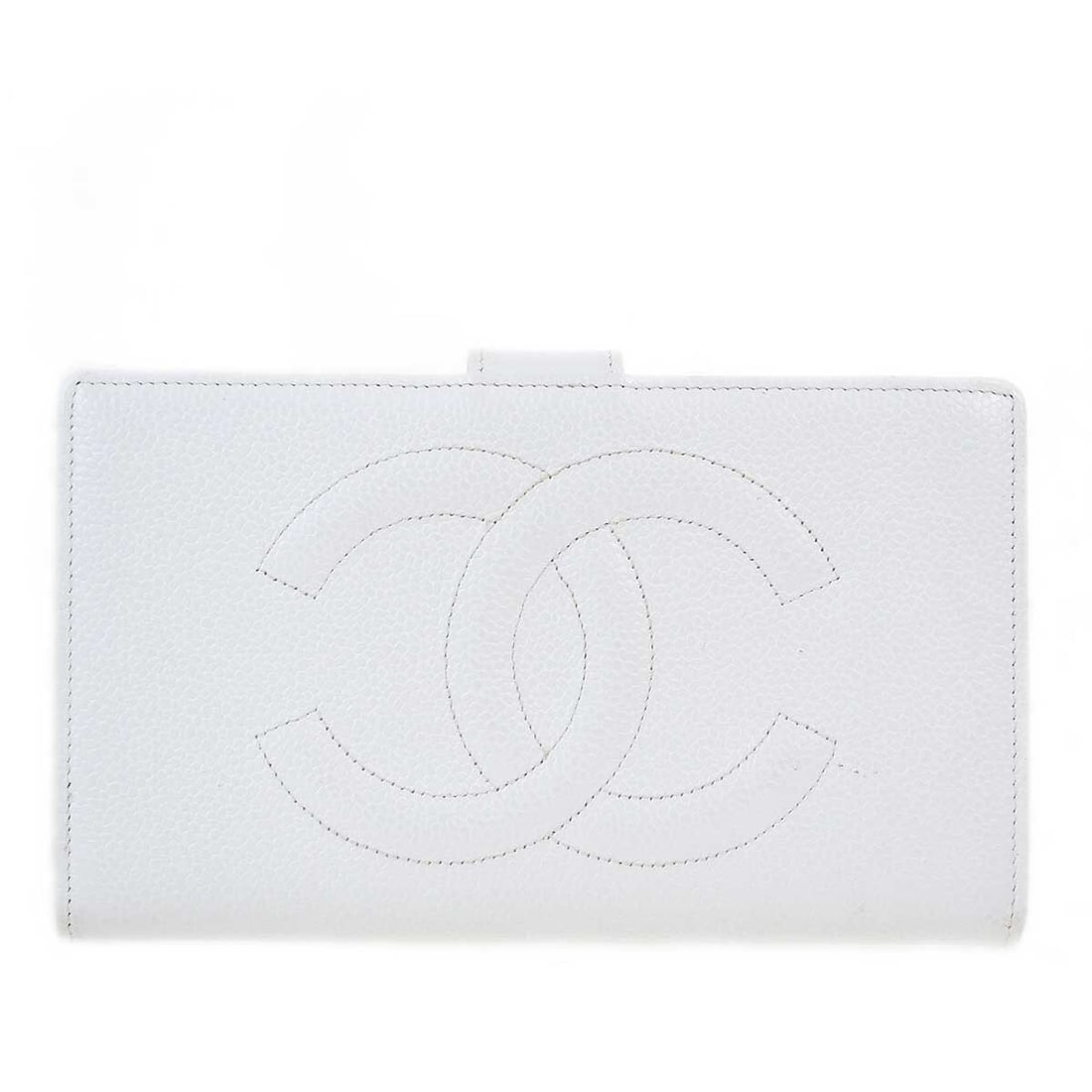 White Calfskin Leather Bifold Wallet by Chanel with Logo Accent: White Calfskin Leather Bifold Wallet by Chanel with Logo Accent This Chanel bifold wallet is crafted from white calfskin leather and features the iconic logo accent. Designed for women, it offers a st