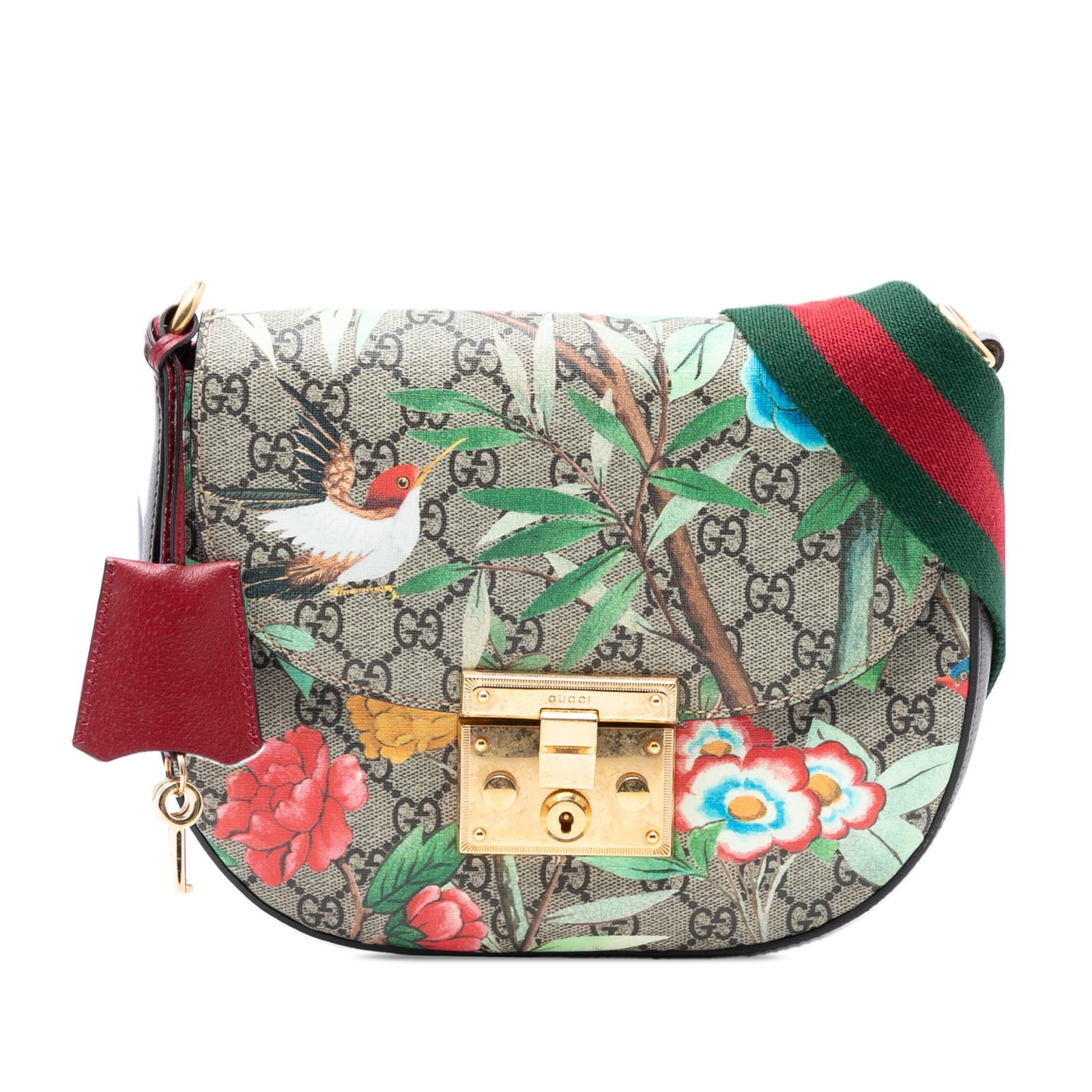 GG Supreme Tian Padlock Crossbody Bag with Web Strap by Gucci: GG Supreme Tian Padlock Crossbody Bag with Web Strap by Gucci This Gucci GG Supreme Tian Web Padlock Crossbody bag features a coated canvas and leather construction with a detachable flat web canvas s