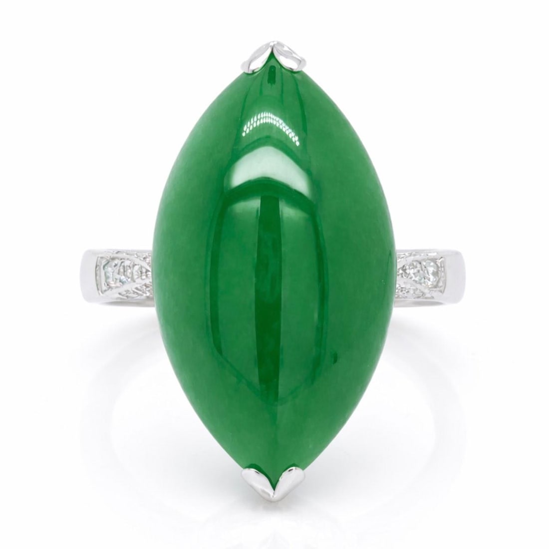 GIA Certified Jade and Diamond Platinum Ring Size 8: GIA Certified Jade and Diamond Platinum Ring Size 8 This platinum ring features a GIA certified jade center stone measuring 24.45 x 12.53 mm, accompanied by 76 diamonds with an approximate total weigh