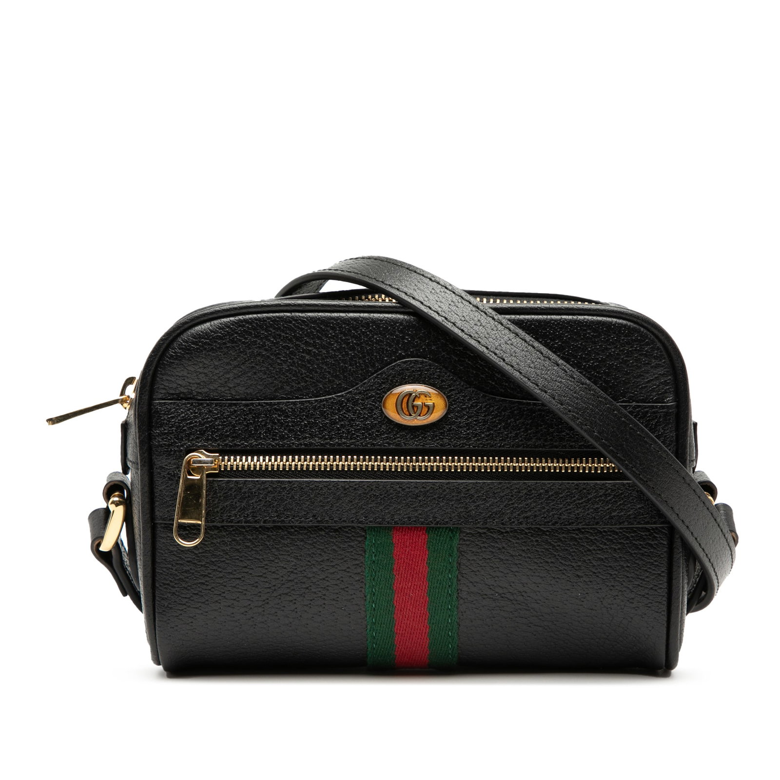 Gucci Ophidia Mini Black Leather Crossbody Bag with Adjustable Strap: Gucci Ophidia Mini Black Leather Crossbody Bag with Adjustable Strap This Gucci Mini Leather Ophidia Crossbody bag features a black leather exterior with an adjustable flat leather shoulder strap. It 