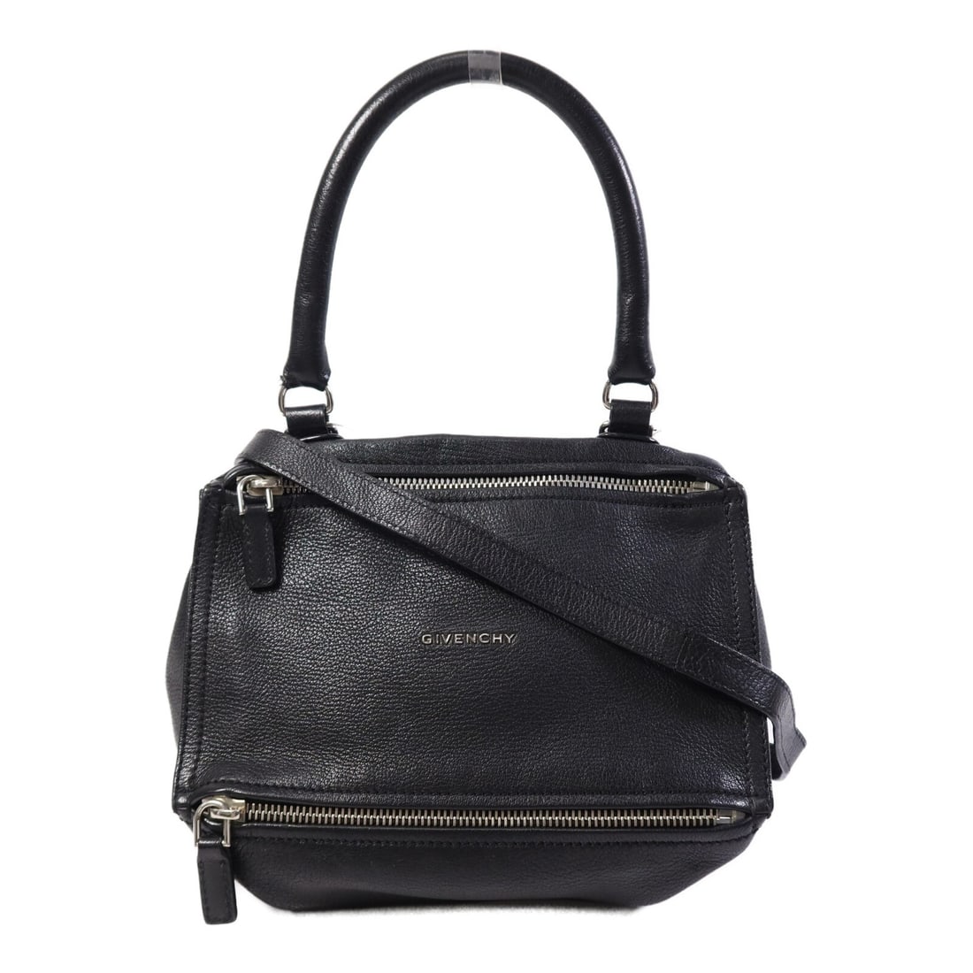 GIVENCHY Pandora Black Goatskin Leather Handbag: GIVENCHY Pandora Black Goatskin Leather Handbag This GIVENCHY Pandora Hand Bag is crafted from high-quality goatskin leather in a sleek black color. Designed for style and functionality, it features a