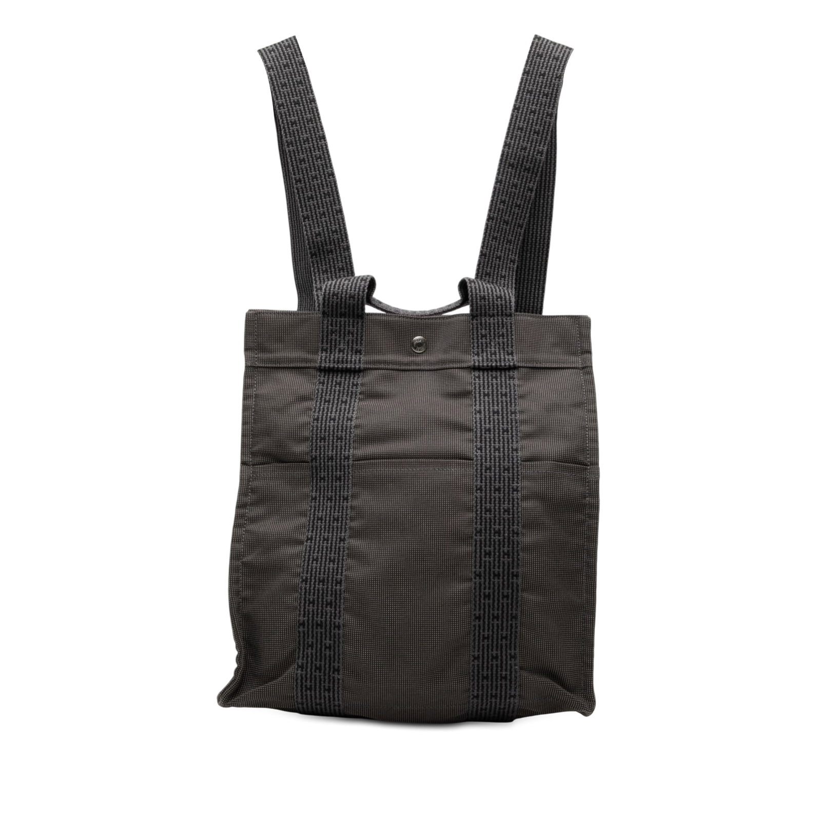 Hermes Herline MM Gray Canvas Backpack with Snap Closure: Hermes Herline MM Gray Canvas Backpack with Snap Closure This Hermes Canvas Herline Backpack MM features a gray canvas body with a flat top handle, adjustable flat back straps, an open top with a snap
