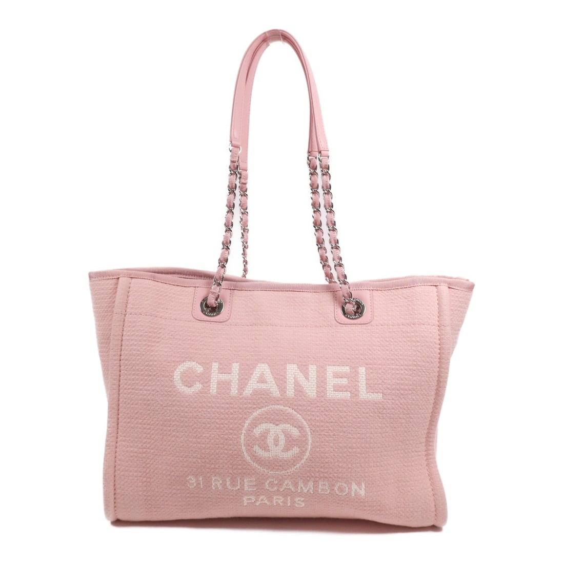CHANEL Deauville Tote Pink Canvas Shoulder Bag with Chain: CHANEL Deauville Tote Pink Canvas Shoulder Bag with Chain This elegant CHANEL Deauville Tote is a stylish shoulder bag crafted from high-quality canvas in a beautiful pink hue. With a height of 10.0 i