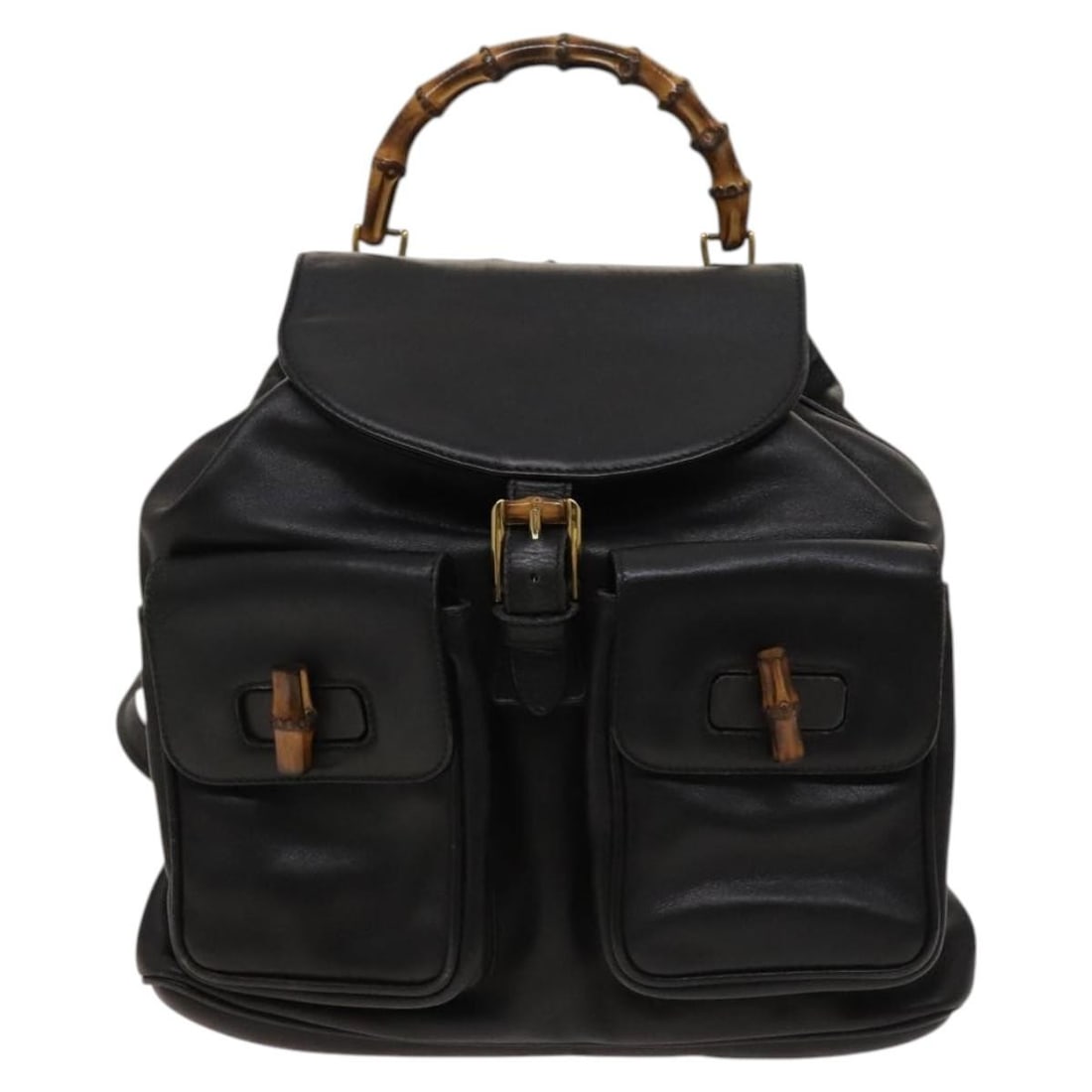 Black Leather Gucci Vintage Bamboo Backpack for Women: Black Leather Gucci Vintage Bamboo Backpack for Women This Gucci Vintage Bamboo Backpack is crafted from black leather and features the signature bamboo handle. Designed for women, it offers a spaciou