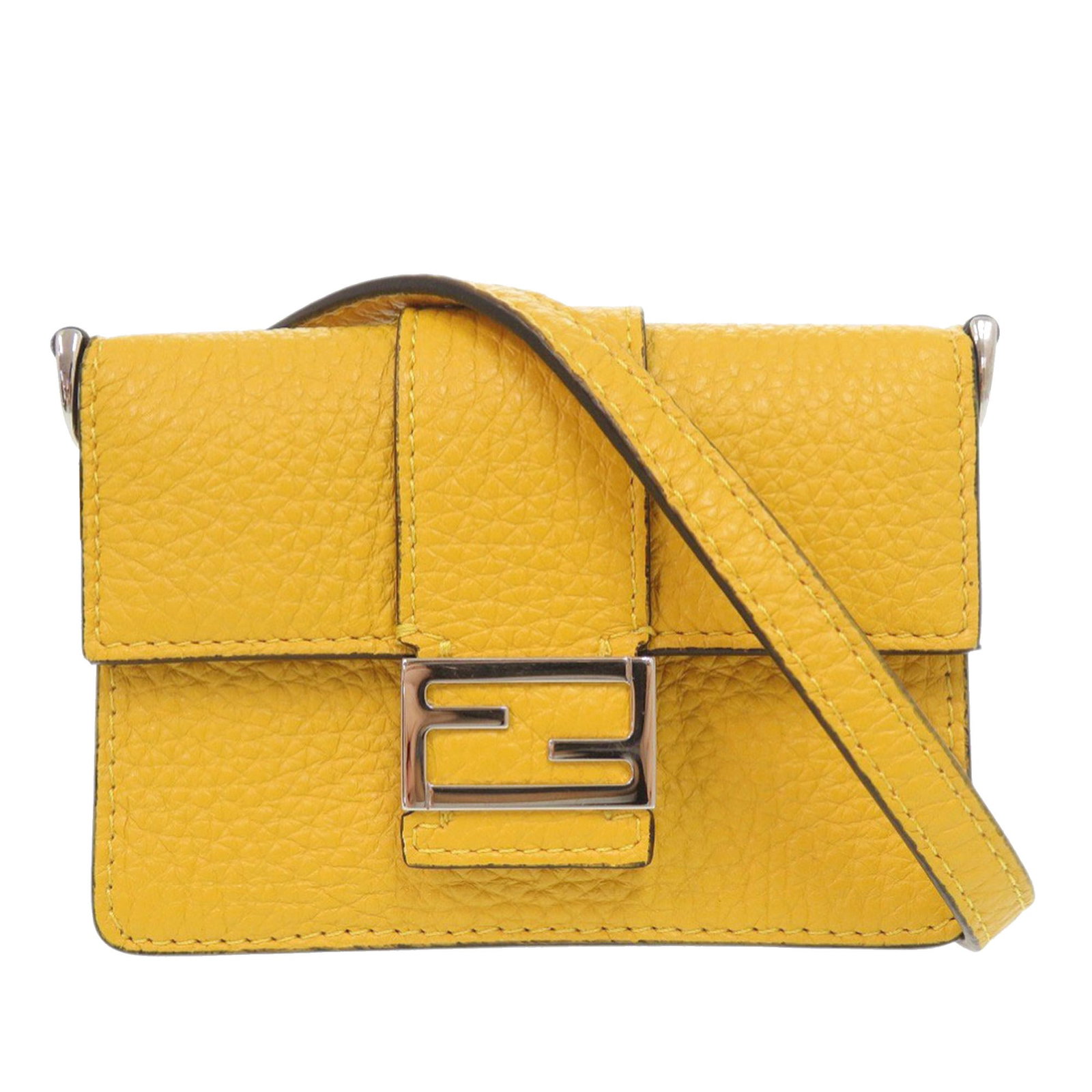 Fendi Yellow Micro Flat Baguette Leather Crossbody Bag: Fendi Yellow Micro Flat Baguette Leather Crossbody Bag This Fendi Micro Leather Flat Baguette Crossbody features a leather body in yellow, a detachable flat leather shoulder strap, a front flap with m