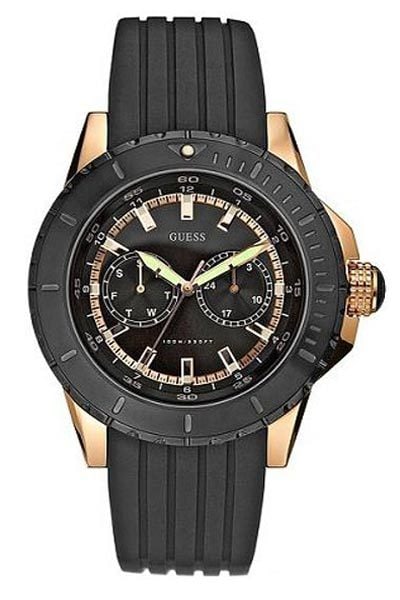GUESS Gold Tone Chronograph Watch W15067L1 with Black Dial: GUESS Gold Tone Chronograph Watch W15067L1 with Black Dial This stylish GUESS wristwatch features a luxurious gold tone case crafted from stainless steel, complemented by a striking black dial for a b