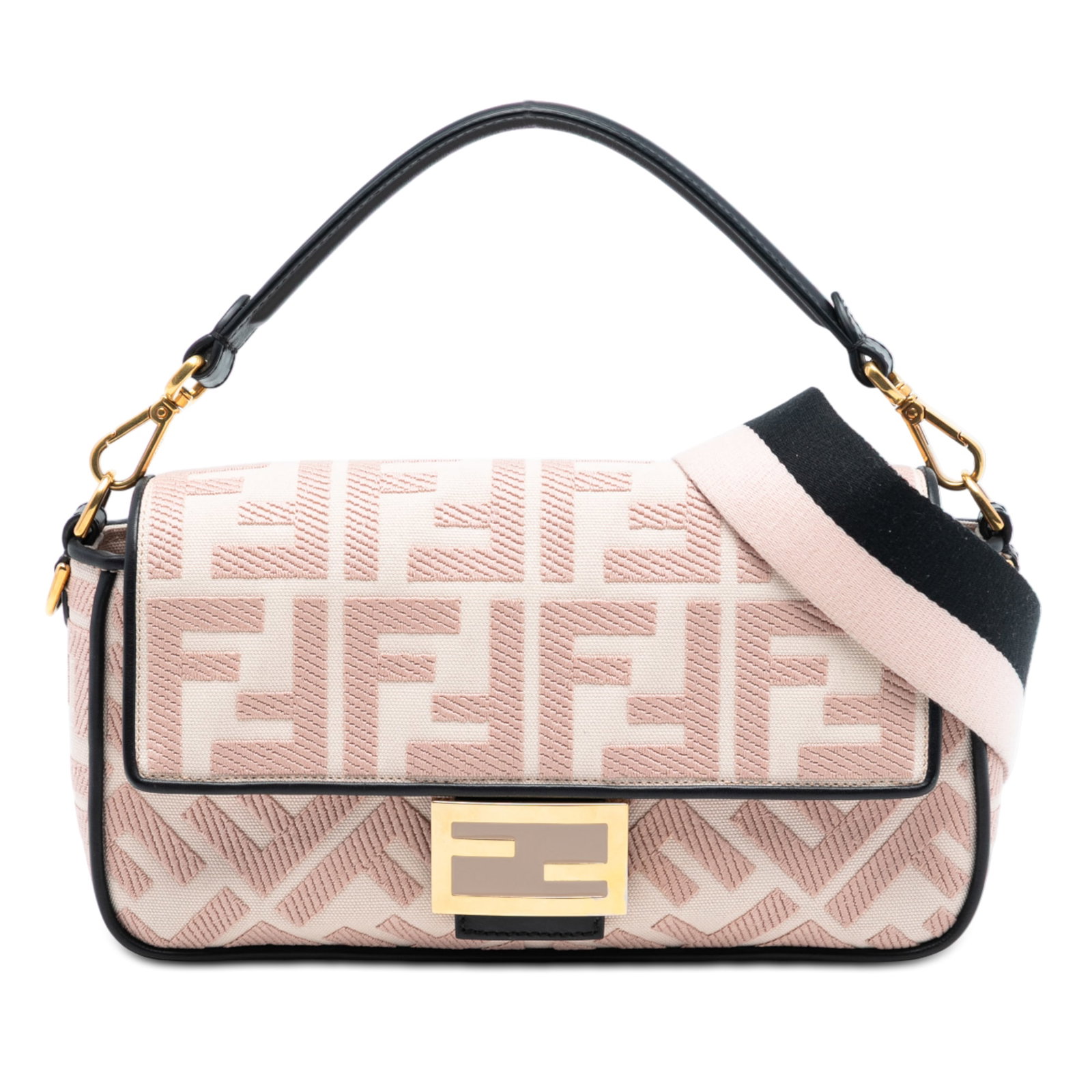 Fendi Baguette Pink Embroidered Canvas Shoulder Bag with Detachable Strap: Fendi Baguette Pink Embroidered Canvas Shoulder Bag with Detachable Strap This Fendi Zucca Embroidered Canvas Baguette Satchel features a pink embroidered canvas body with leather trim, a detachable l