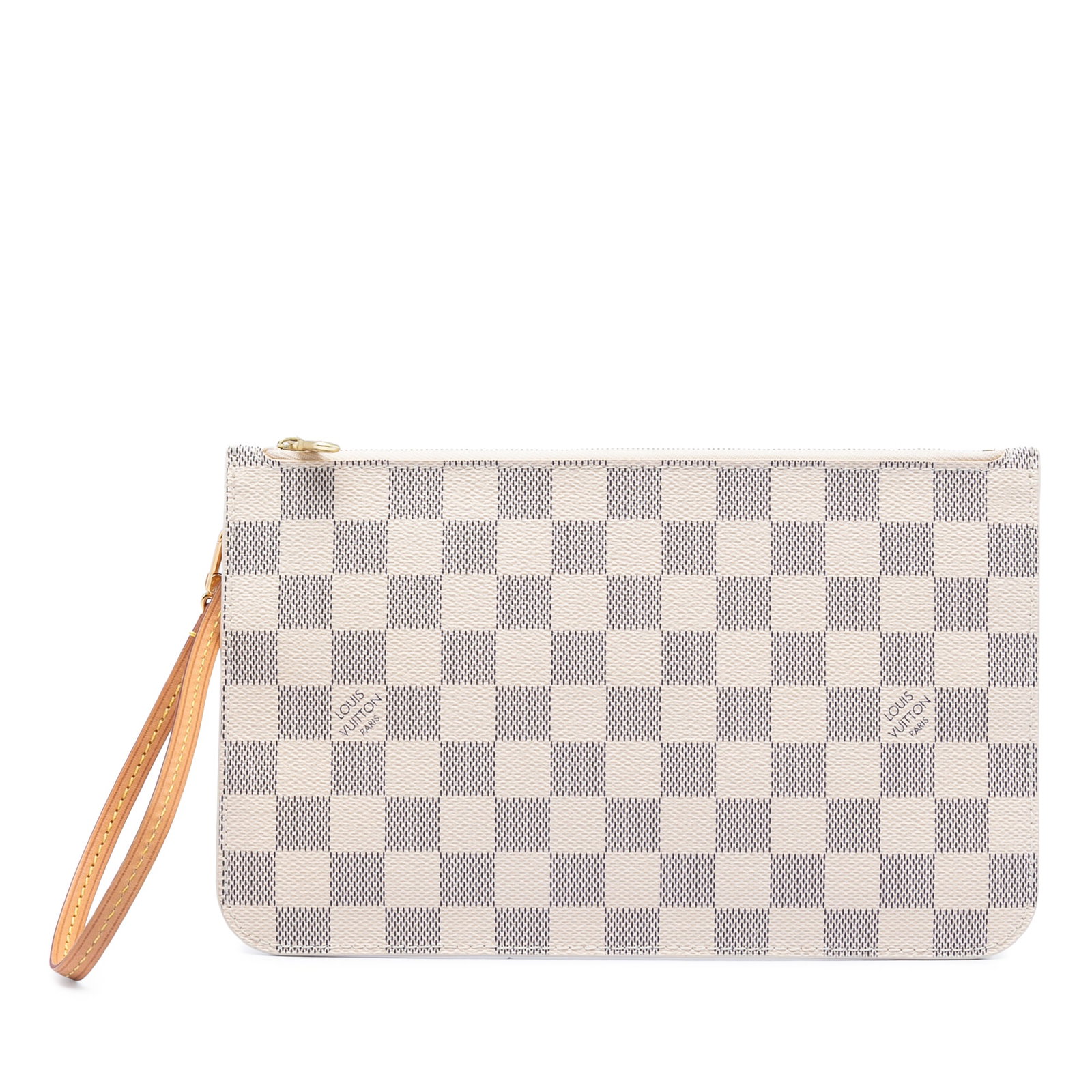 Louis Vuitton White Damier Azur Canvas Neverfull MM Wristlet Pouch: Louis Vuitton White Damier Azur Canvas Neverfull MM Wristlet Pouch This Louis Vuitton Damier Azur Neverfull MM Pouch features the signature damier azur canvas exterior with a flat vachetta leather wri