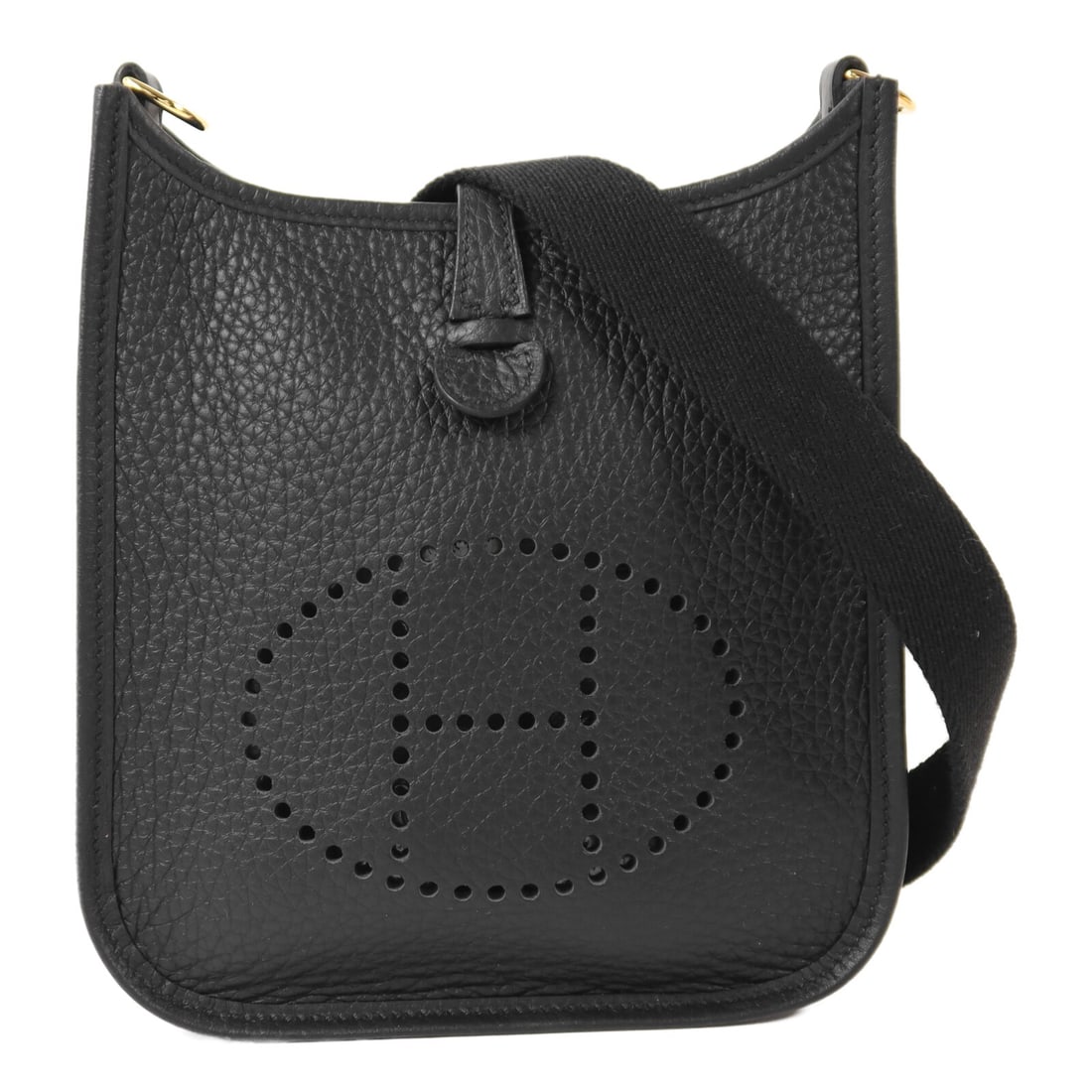 Hermes Evelyne TPM Black Clemence Leather Shoulder Bag with Gold Hardware: Hermes Evelyne TPM Black Clemence Leather Shoulder Bag with Gold Hardware This Hermes Evelyne TPM shoulder bag is crafted from luxurious Taurillon Clemence calfskin leather in black. It features a sle