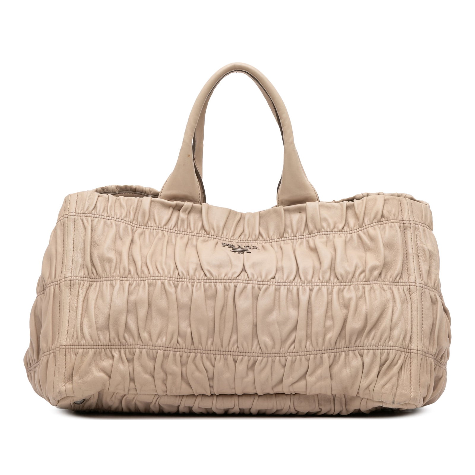 Prada Nappa Gaufre Brown Leather Handbag Italy: Prada Nappa Gaufre Brown Leather Handbag Italy This Prada Nappa Gaufre Handbag showcases a luxurious gathered nappa leather body, complemented by rolled leather handles for a sophisticated touch. The 