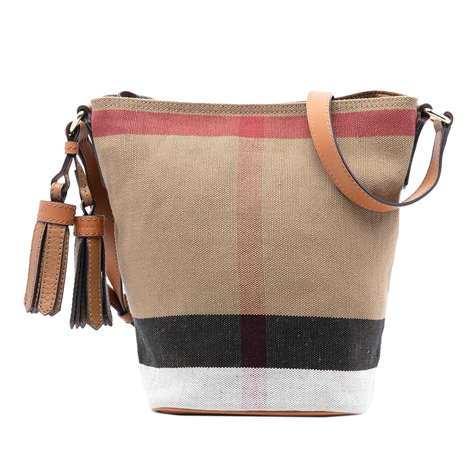 Burberry Ashby Mini Bucket Bag in Mega Check Canvas with Tassel Detail: Burberry Ashby Mini Bucket Bag in Mega Check Canvas with Tassel Detail This Burberry Mini Ashby bucket bag features a mega check canvas body accented with leather trim and tassel details. It is design