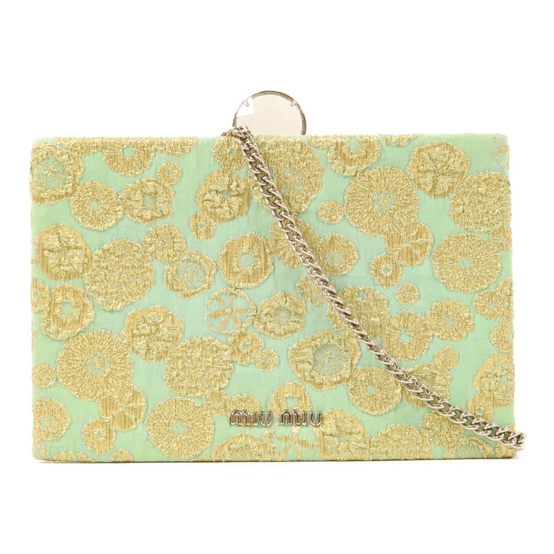Miu Miu Broccato Lurex Green Gold Silver Chain Shoulder Bag 5BF070: Miu Miu Broccato Lurex Green Gold Silver Chain Shoulder Bag 5BF070 This Miu Miu shoulder bag features a broccato lurex exterior in green with gold accents and includes silver-tone hardware. Designed f