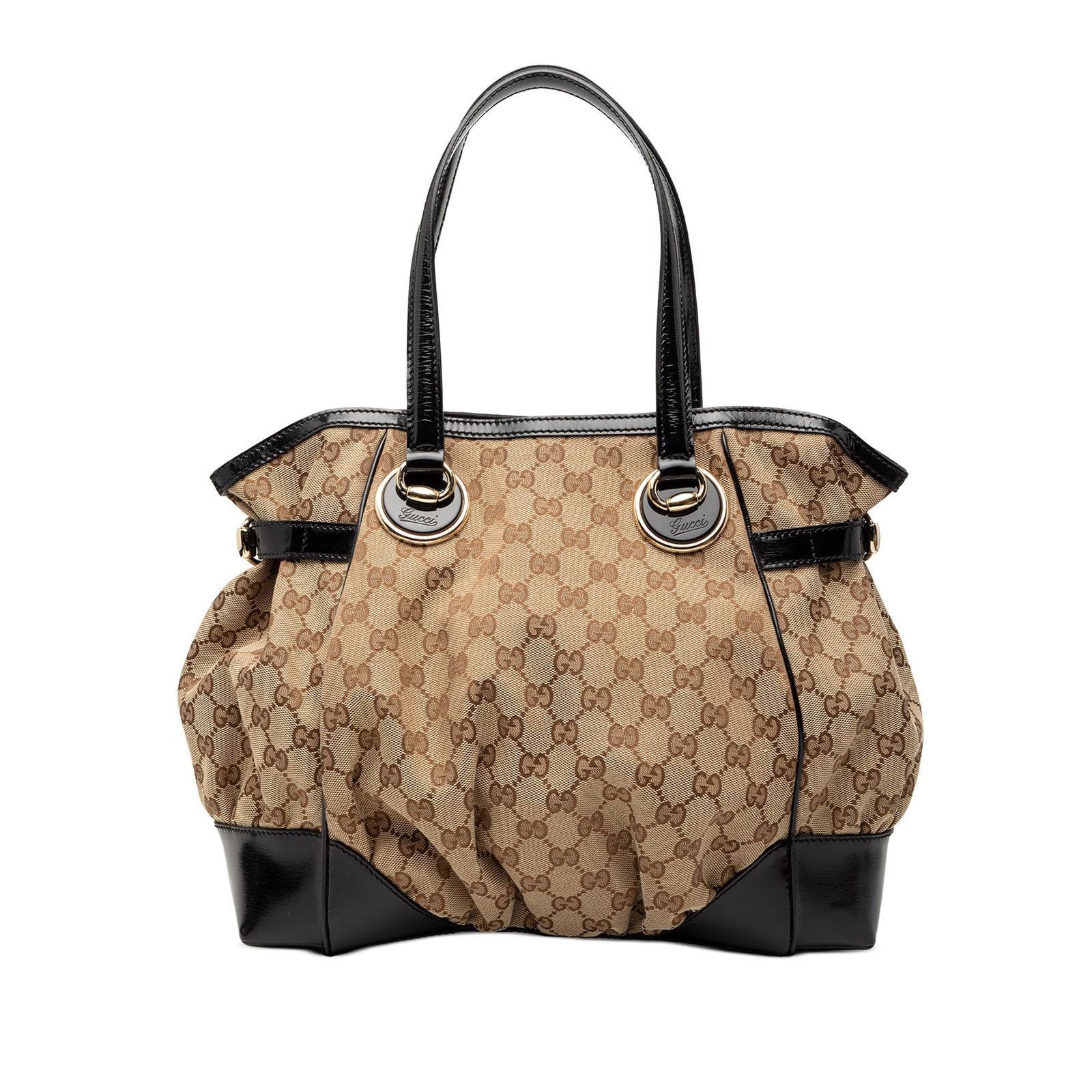 Gucci Full Moon Brown Canvas Tote with Patent Leather Trim: Gucci Full Moon Brown Canvas Tote with Patent Leather Trim This Gucci GG Canvas Full Moon Tote features a brown canvas body with patent leather trim and flat leather straps. The bag offers an open top