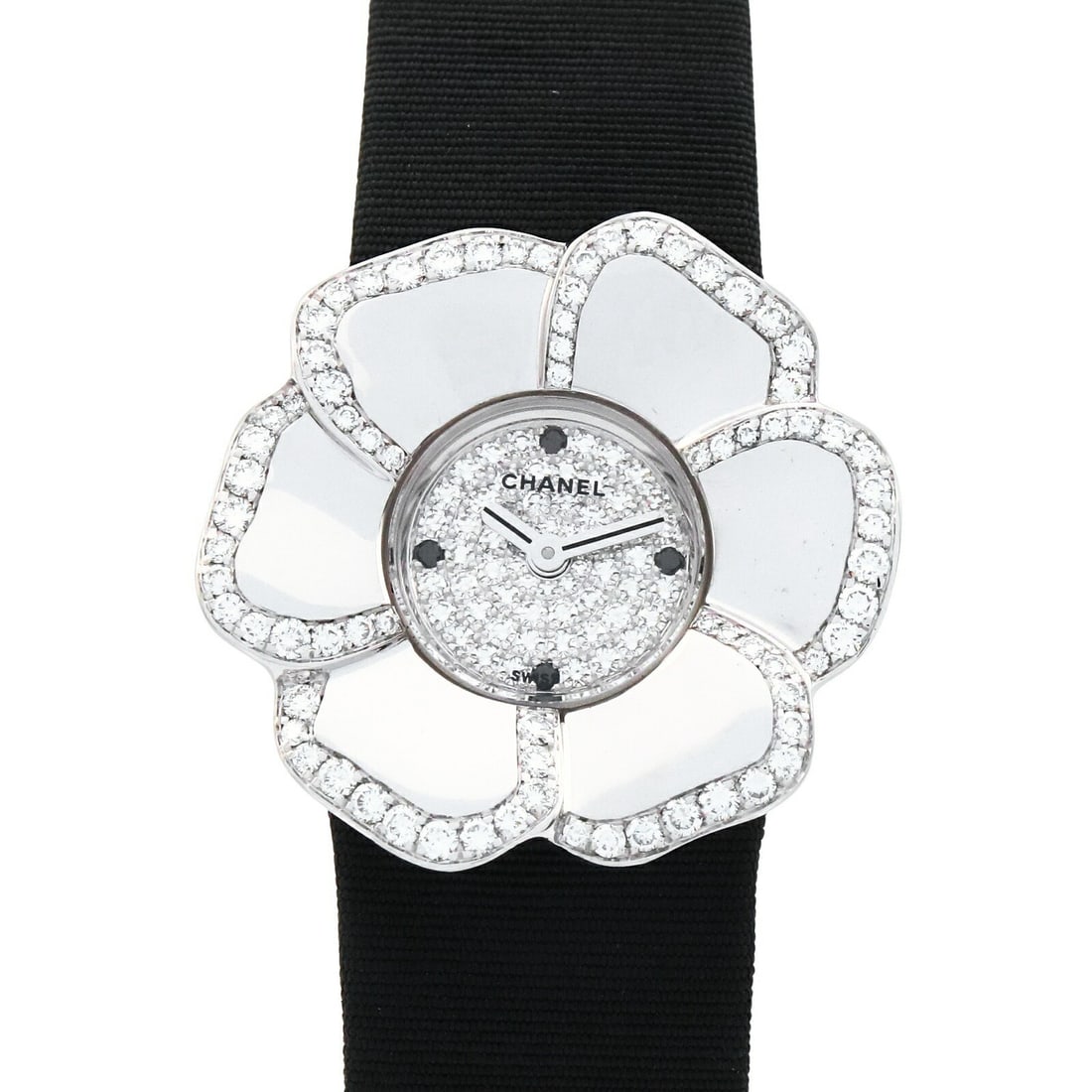 Chanel Camellia Diamond Quartz Ladies Watch H1190 18K White Gold: Chanel Camellia Diamond Quartz Ladies Watch H1190 18K White Gold This Chanel Camellia wristwatch features a case crafted from 18K white gold, accented with diamonds and paired with a leather strap. De