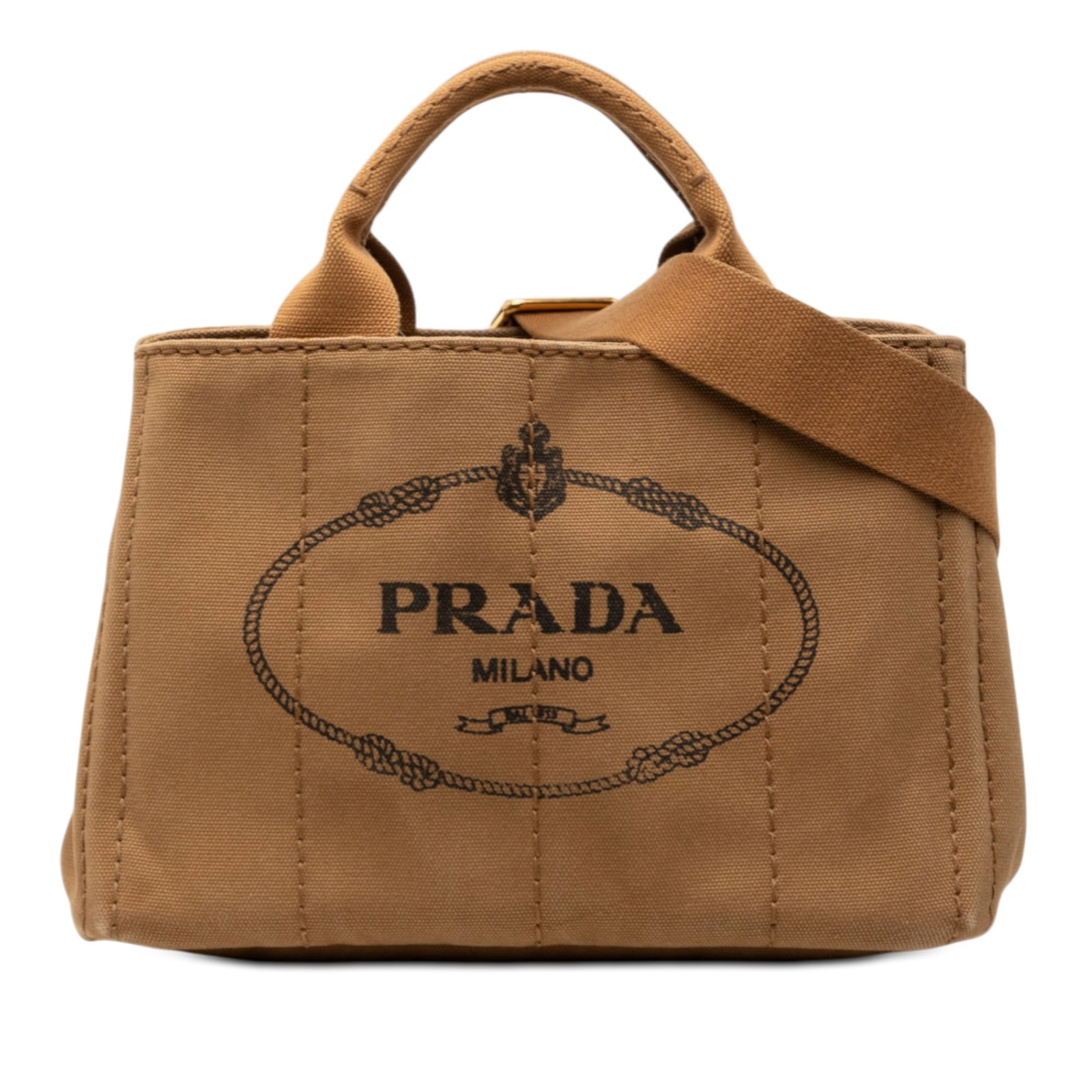 Prada Canapa Logo Brown Canvas Satchel with Detachable Strap: Prada Canapa Logo Brown Canvas Satchel with Detachable Strap This Prada Small Canvas Canapa Logo Satchel features a fabric body with rolled top handles, a detachable and adjustable flat strap, an open