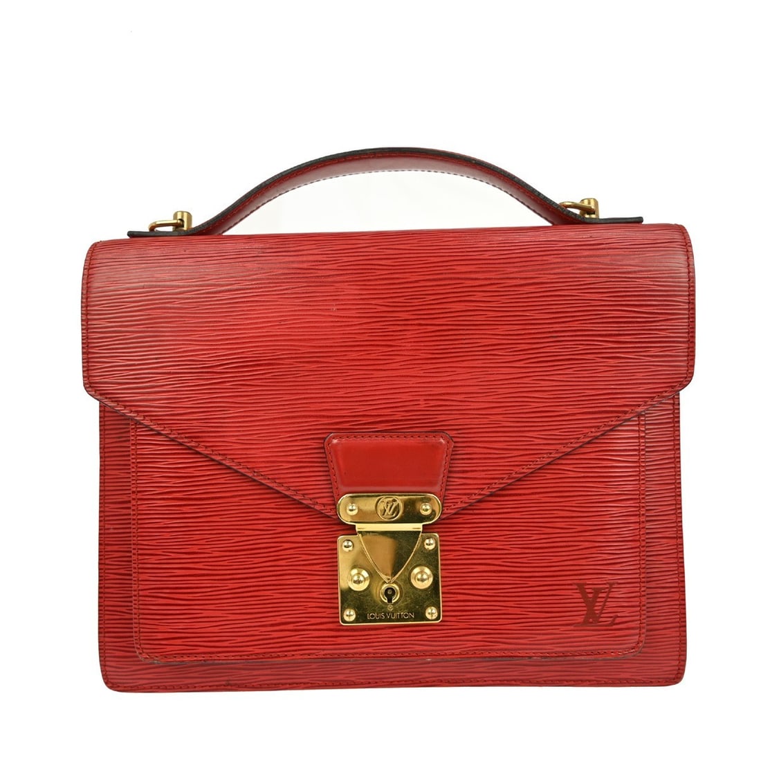 Louis Vuitton Monceau 28 Red Epi Leather Satchel with Top Handle and Strap: Louis Vuitton Monceau 28 Red Epi Leather Satchel with Top Handle and Strap This Louis Vuitton Monceau 28 satchel is crafted from signature red Epi leather and features a classic flap with push lock cl