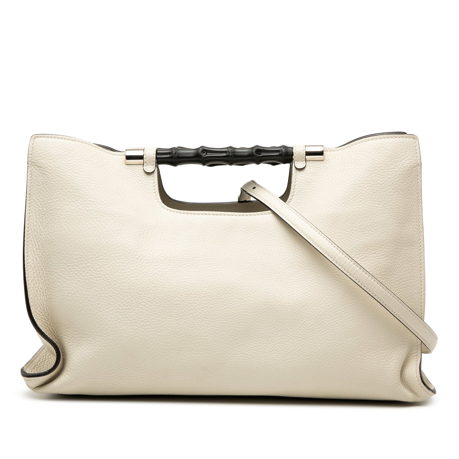 Gucci Bamboo Handle Medium Leather Daily Satchel White: Gucci Bamboo Handle Medium Leather Daily Satchel White This Gucci Medium Calfskin Bamboo Daily Shopper Satchel features a white leather body with signature bamboo handles, a detachable flat strap, an 