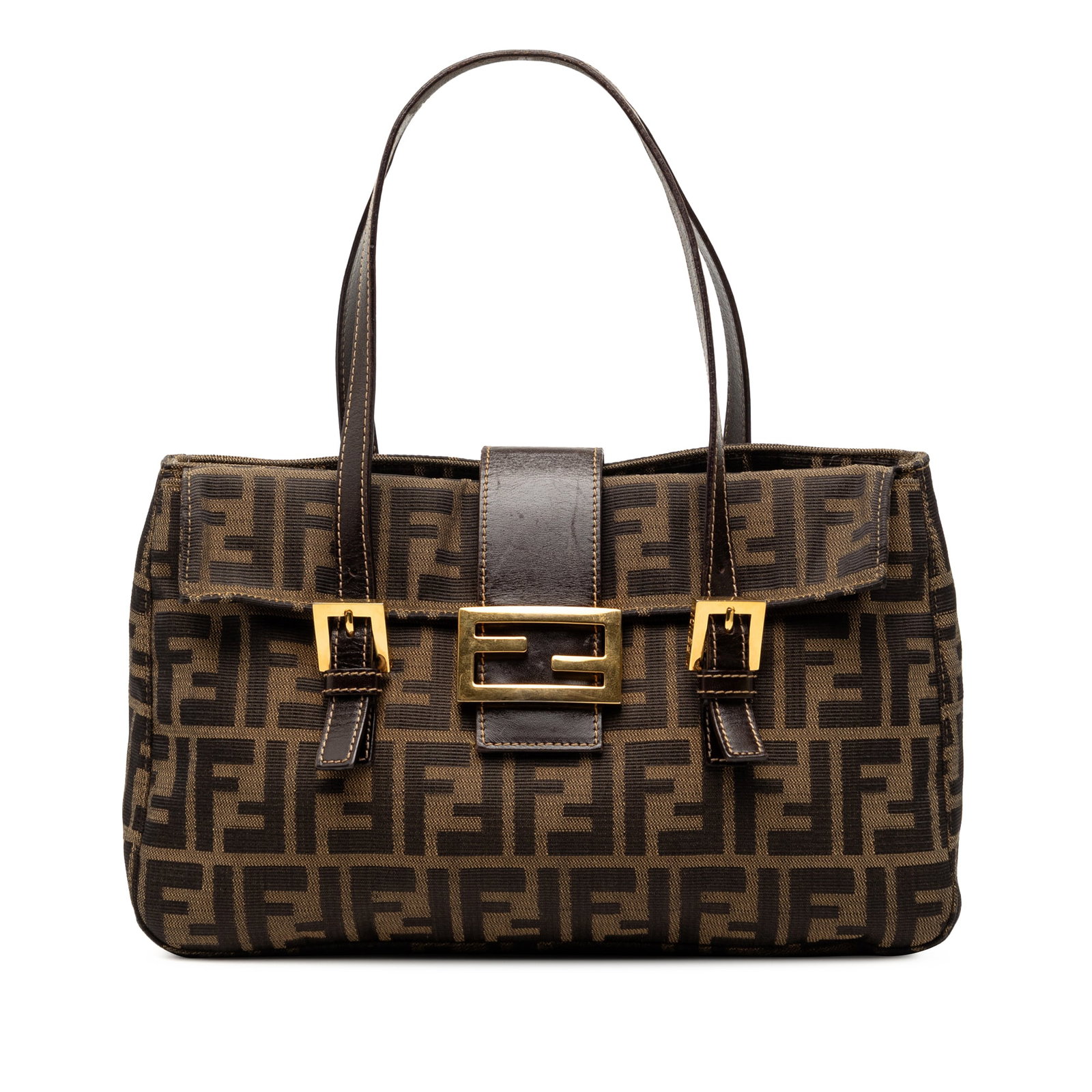 Fendi Zucca Pattern Canvas Shoulder Purse with Leather Trim: Fendi Zucca Pattern Canvas Shoulder Purse with Leather Trim This Fendi Zucca Canvas Shoulder Bag features a canvas body with leather trim, flat leather straps, an open top with a strap and magnetic sn