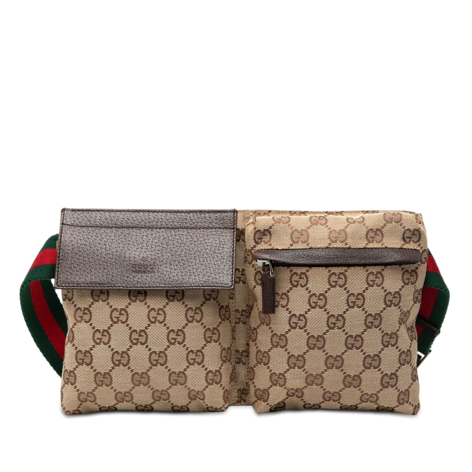Gucci GG Canvas Web Belt Bag with Dual Front Pockets: Gucci GG Canvas Web Belt Bag with Dual Front Pockets This Gucci GG Canvas Web Double Pocket Belt Bag features a beige GG canvas body with leather trim, a flat web canvas belt strap, front flap and zip