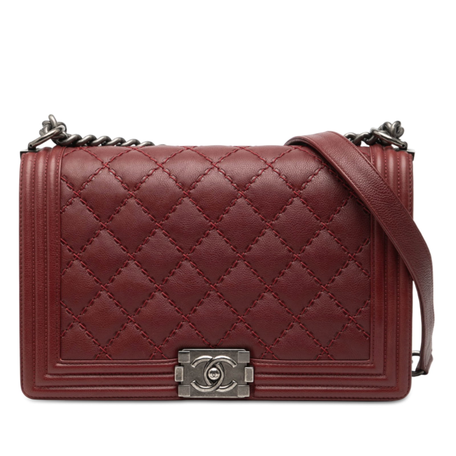 Chanel Boy Medium Red Quilted Lambskin Leather Flap Shoulder Bag: Chanel Boy Medium Red Quilted Lambskin Leather Flap Shoulder Bag This Chanel Medium Quilted Lambskin Double Stitch Boy Flap bag features a quilted lambskin leather body in red, a chain link strap with