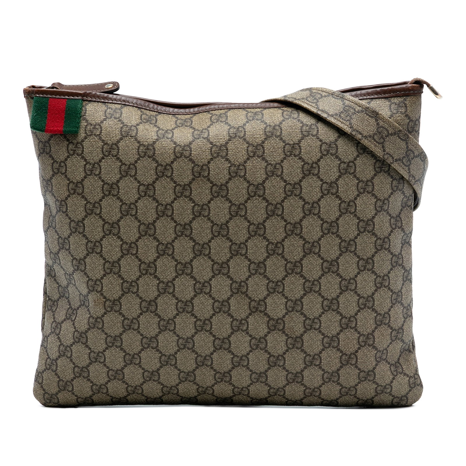 Beige GG Supreme Web Crossbody Bag by Gucci in Coated Canvas: Beige GG Supreme Web Crossbody Bag by Gucci in Coated Canvas This Gucci GG Supreme Web Crossbody bag features a beige coated canvas body with leather details and a flat strap. It is designed with a to