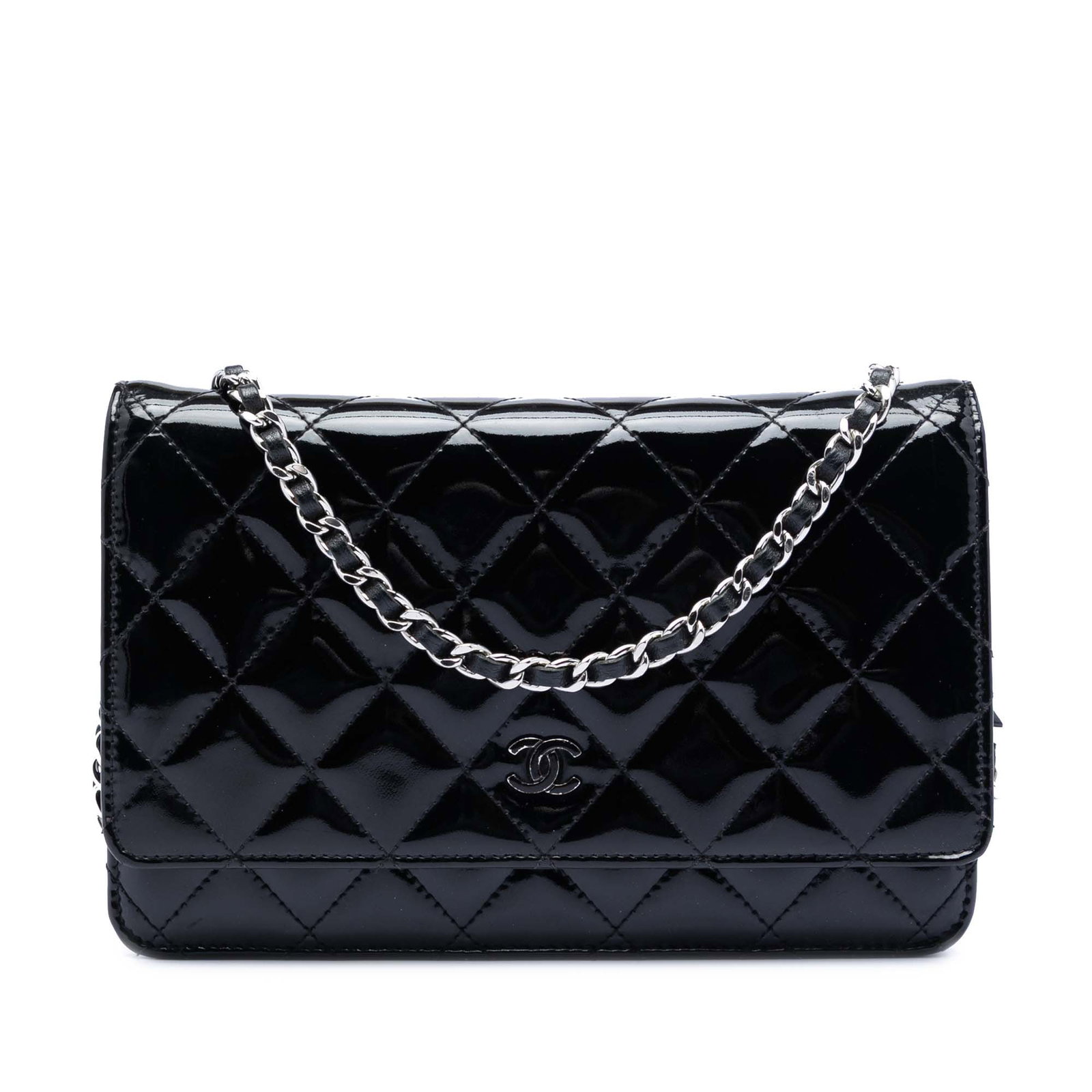 Black Patent Leather Chanel Wallet on Chain with Quilted CC Design: Black Patent Leather Chanel Wallet on Chain with Quilted CC Design This Chanel CC Quilted Patent Wallet On Chain showcases a black quilted patent leather exterior with a leather-woven chain link strap