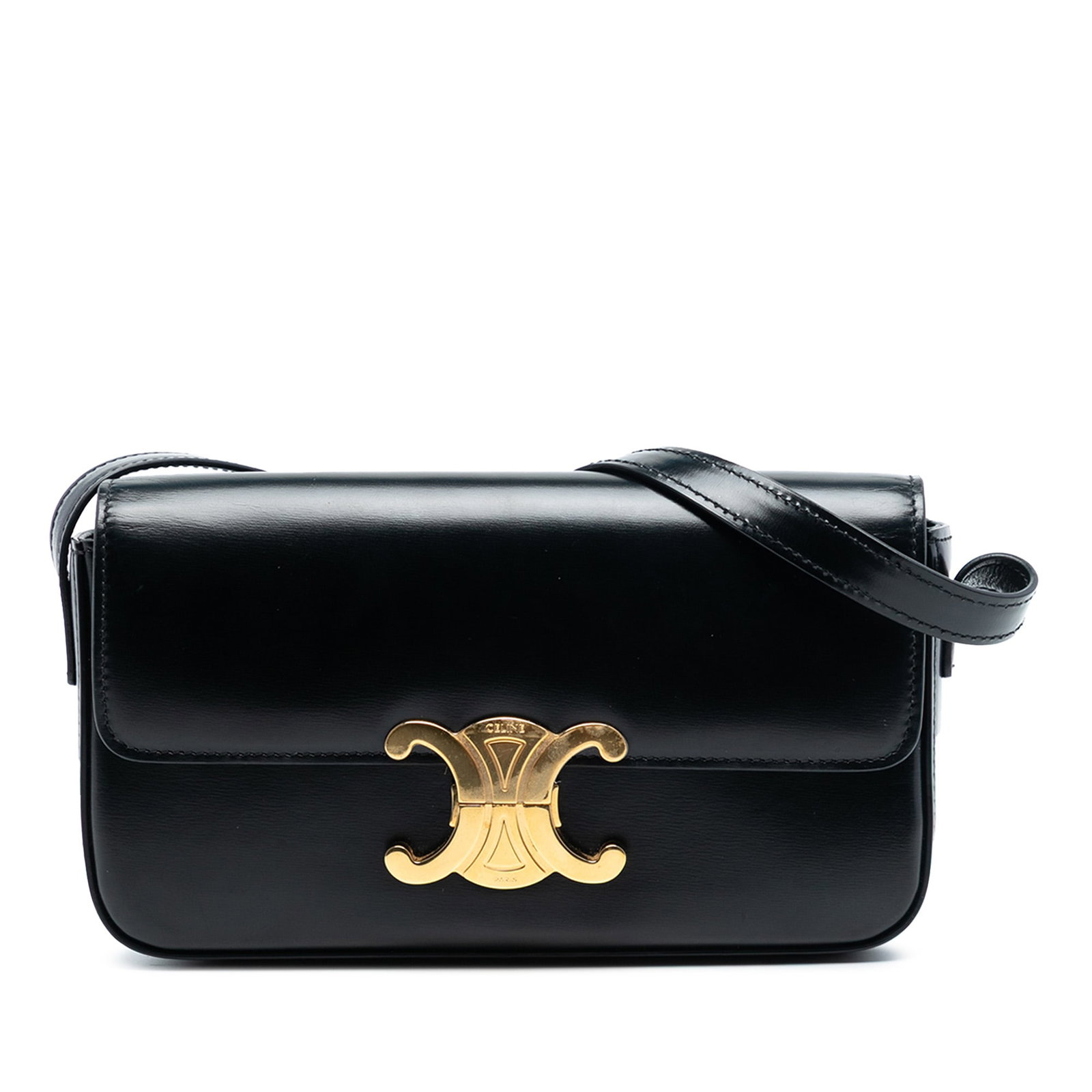 Celine Triomphe Claude Black Leather Shoulder Bag with Flap Closure: Celine Triomphe Claude Black Leather Shoulder Bag with Flap Closure The Celine Shiny Calfskin Triomphe Claude Shoulder Bag is crafted from black leather and features a flat leather shoulder strap, a f