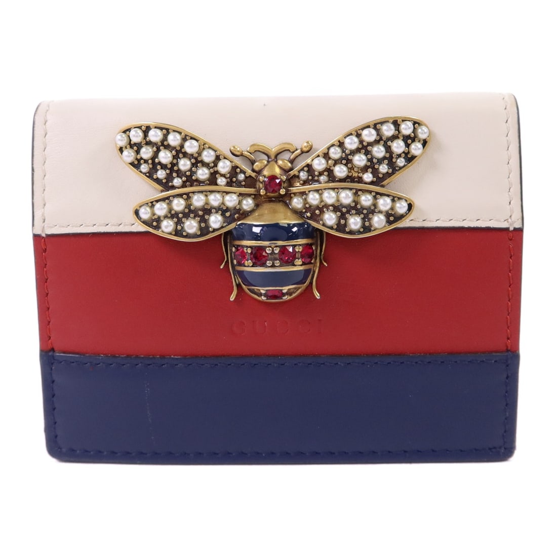 Queen Margaret Bi-Fold Multicolor Calfskin Wallet by Gucci with Gold Hardware: Queen Margaret Bi-Fold Multicolor Calfskin Wallet by Gucci with Gold Hardware This Gucci Queen Margaret bi-fold wallet is crafted from multicolor calfskin leather and features gold-tone hardware. Desi