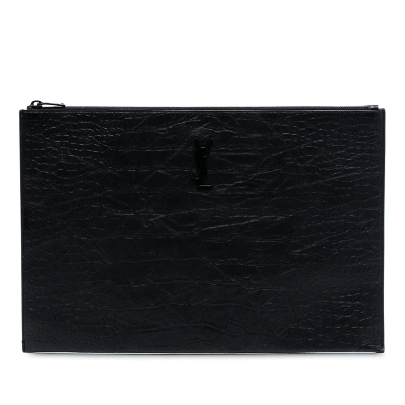 Black Croc Embossed Leather Clutch by Saint Laurent with Monogram Detail: Black Croc Embossed Leather Clutch by Saint Laurent with Monogram Detail This Saint Laurent clutch showcases a croc-embossed leather exterior in black with a top zip closure and interior slip pockets.