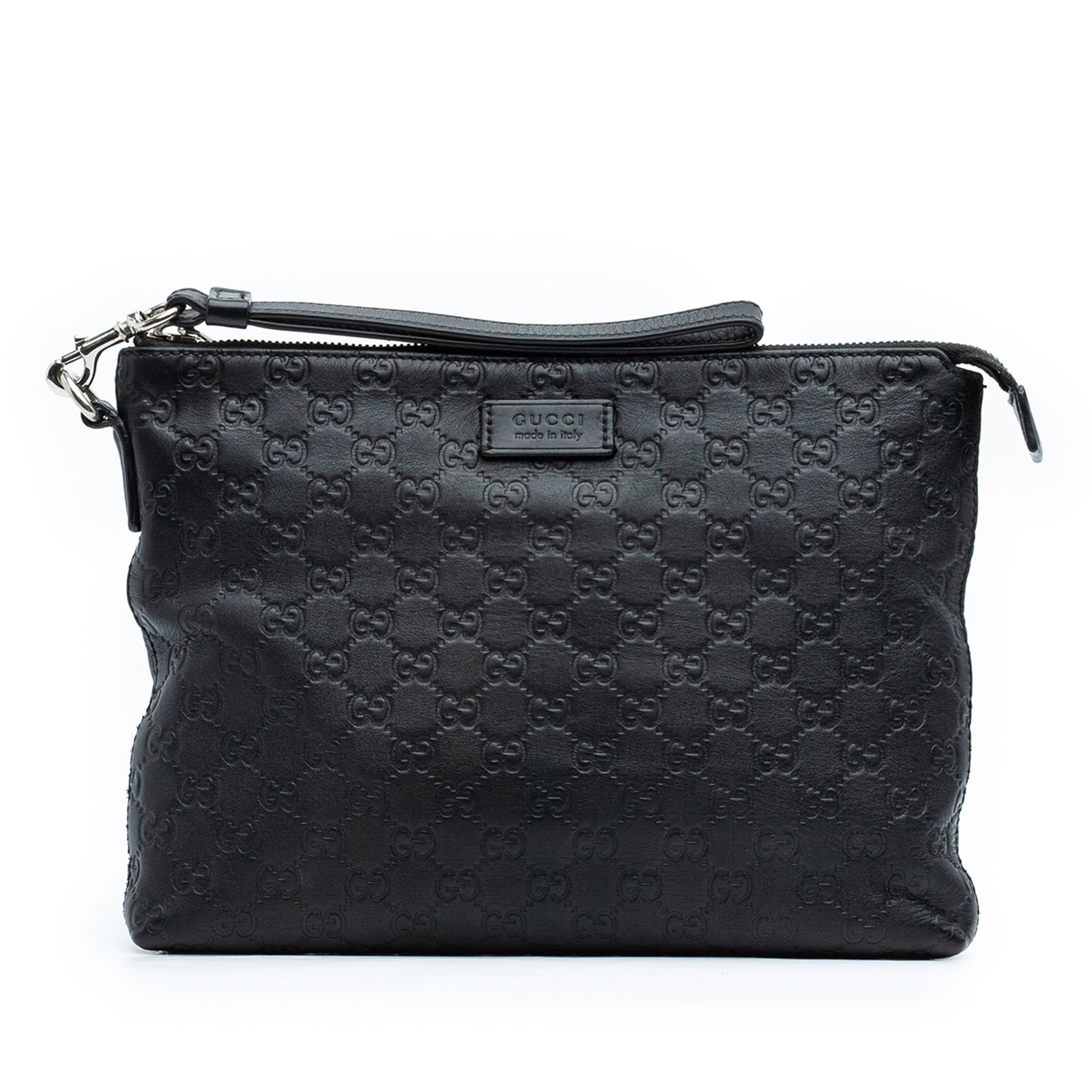 Gucci Guccissima Black Embossed Leather Wristlet Clutch with Detachable Strap: Gucci Guccissima Black Embossed Leather Wristlet Clutch with Detachable Strap This Guccissima Wristlet Clutch features embossed leather with a detachable wrist strap and a top zip closure. The interio